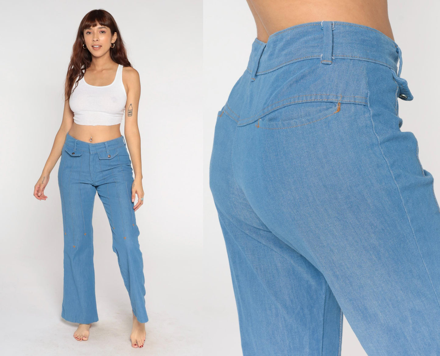 70s Sears Light Blue Flare Jeans High Waist Bell Bottom Denim 33x32