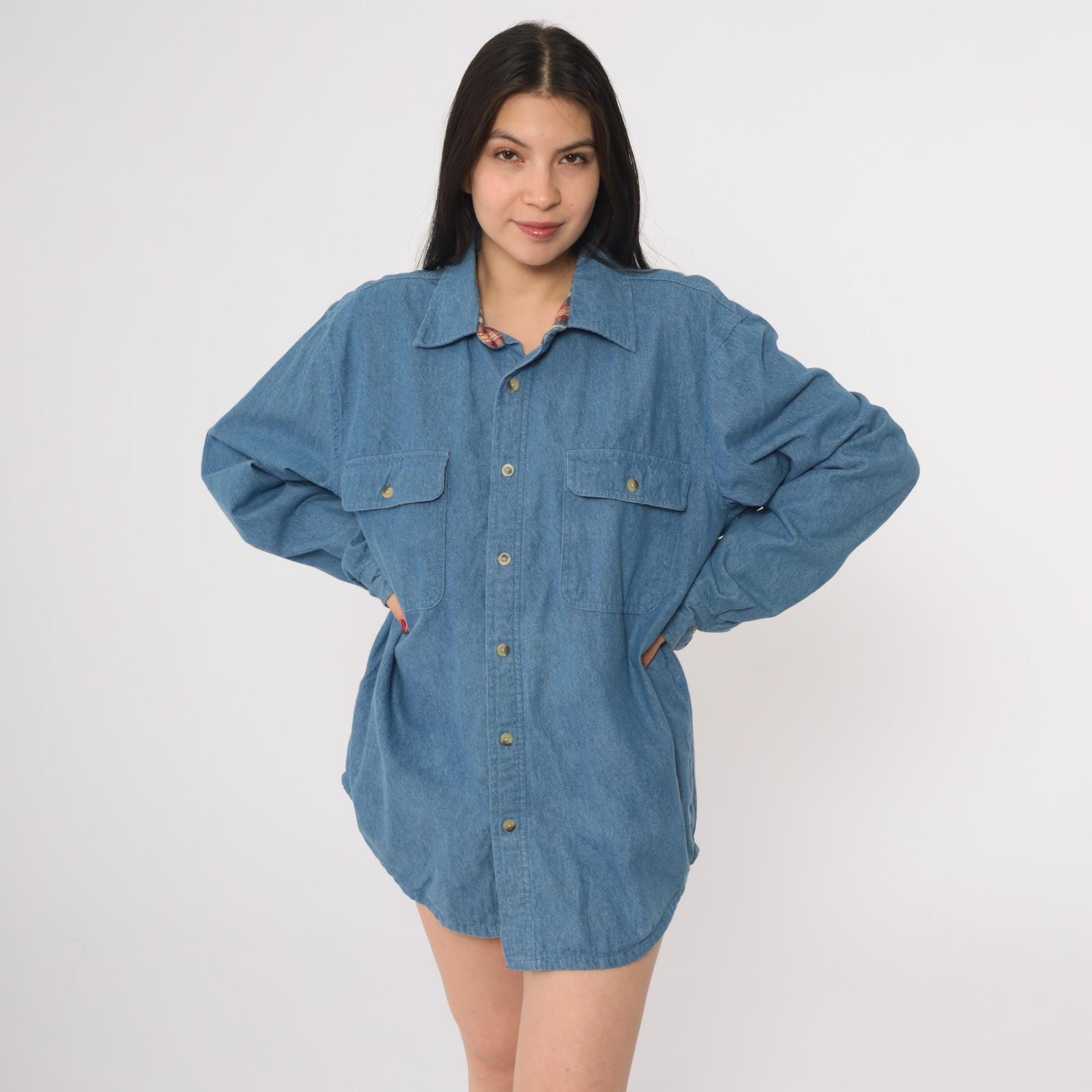 90s Scandia Woods Denim Shirt Flannel Lined Blue Button Down Large L