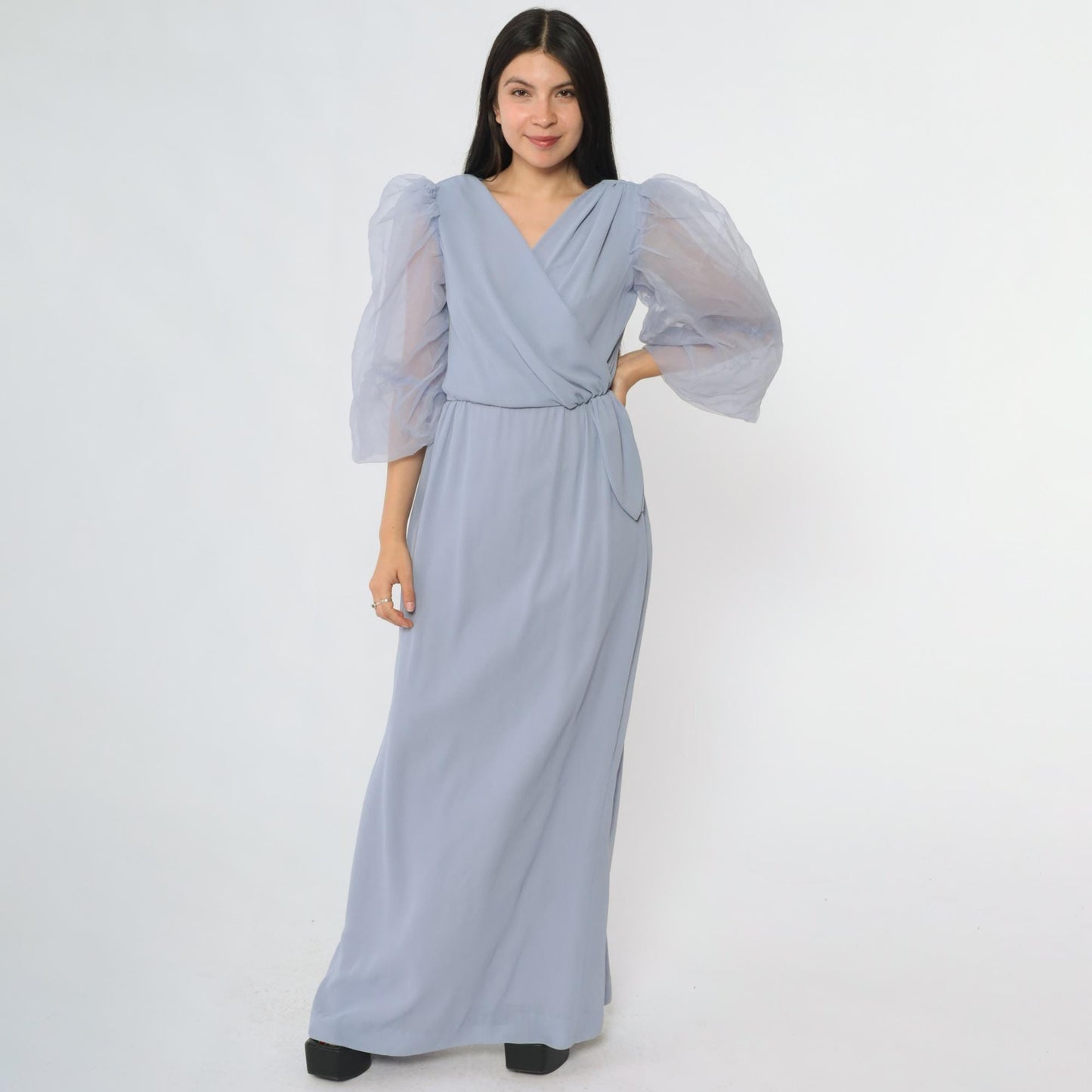 80s Miss Elliette Periwinkle Maxi Dress Puff Sleeve Wrap V-Neck Extra Small XS