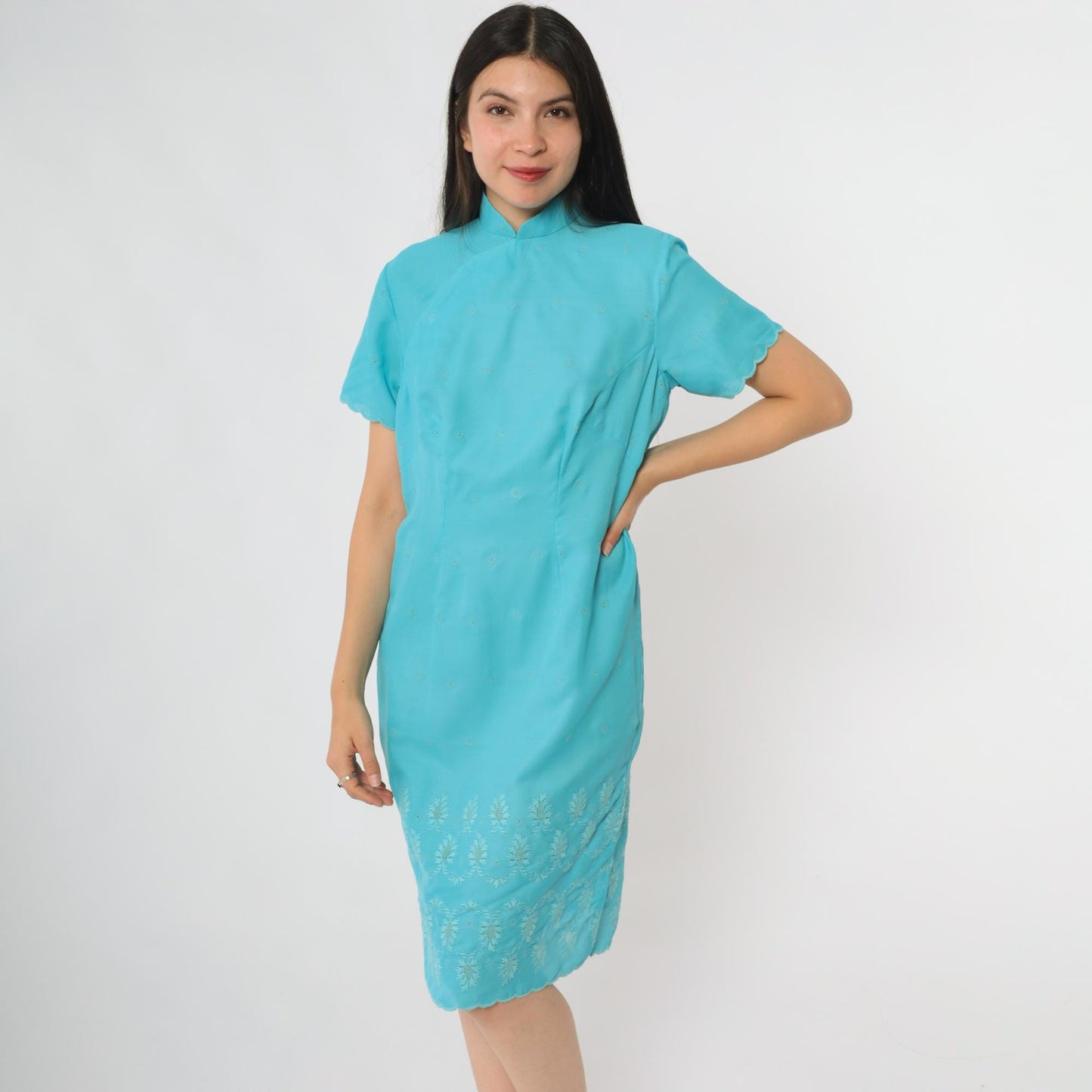 60s Turquoise Shift Dress Mandarin Collar Embroidered Eyelet Mini Large L