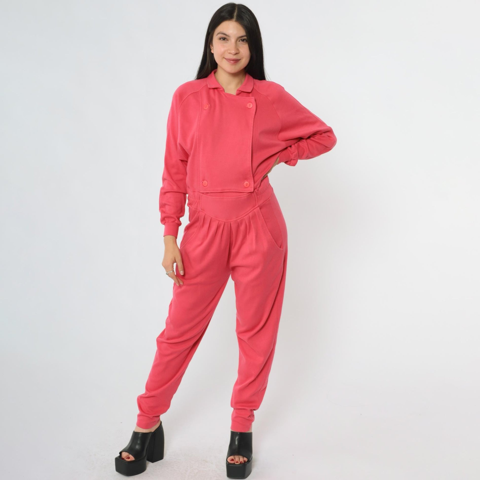 80s Hot Pink Tracksuit OS International Button Jacket Tapered Pants Small