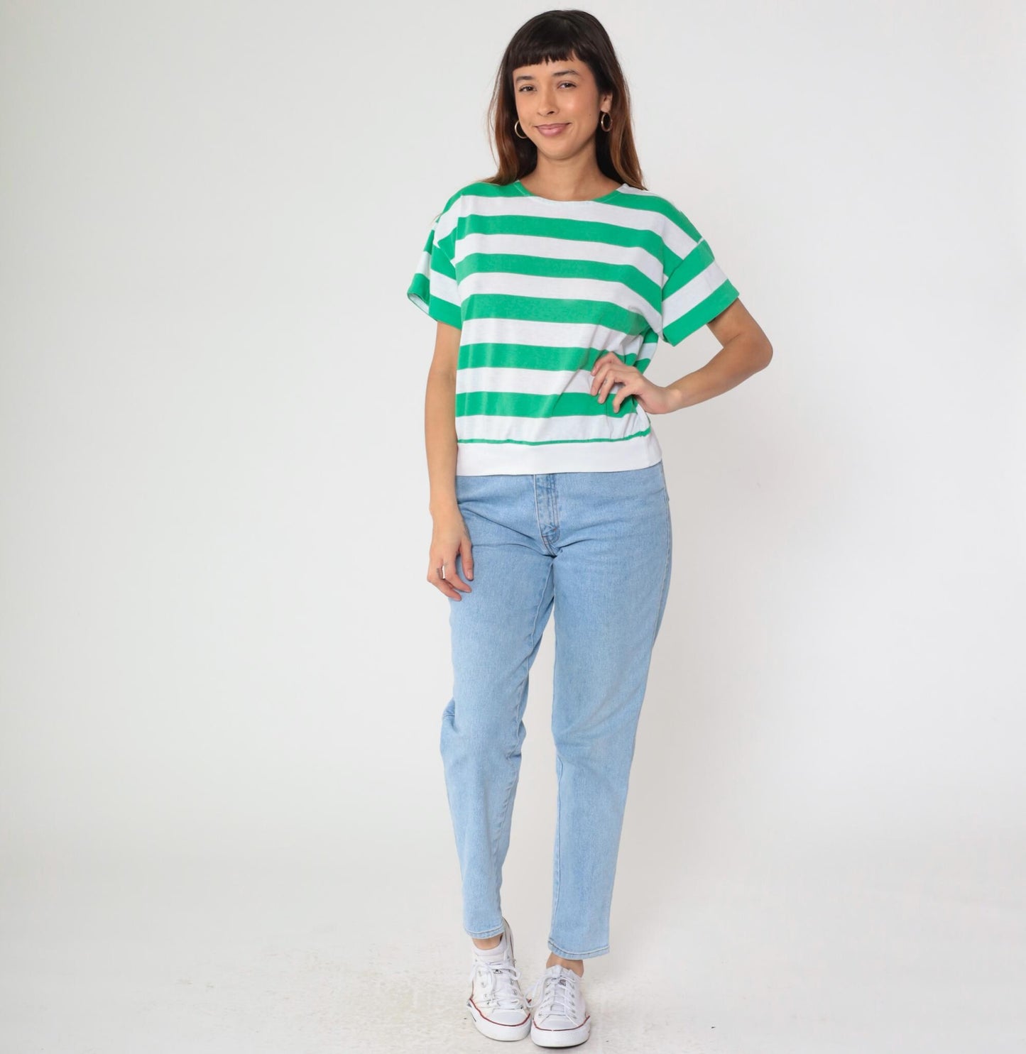 80s Striped T-Shirt White Green Crew Neck Short Sleeve Cotton Medium