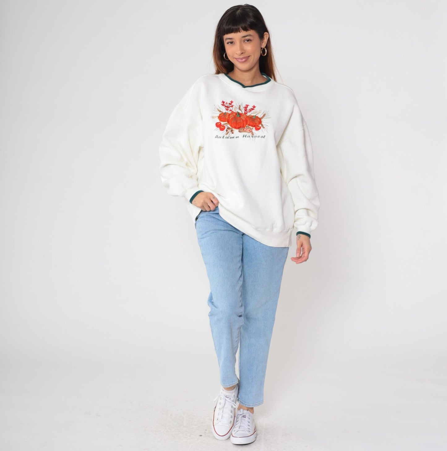 Y2K Autumn Harvest Pumpkin Sweatshirt White Green Trim Crewneck Extra Large XXL