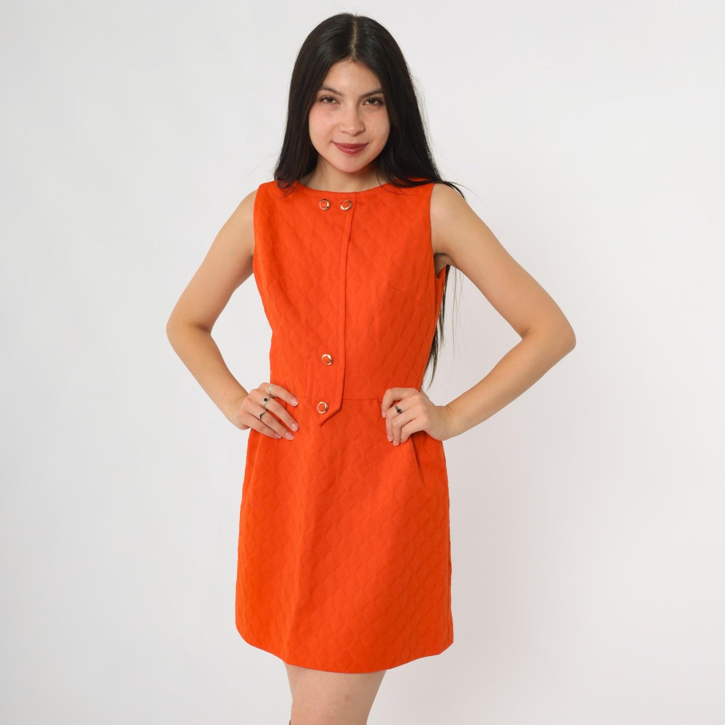 60s Orange Mod Mini Shift Dress A n R Jr Gold Button XS