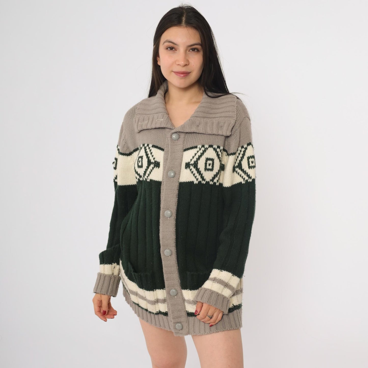 70s Sigallo Cardigan Sweater Taupe Green Diamond Shawl Collar Large L