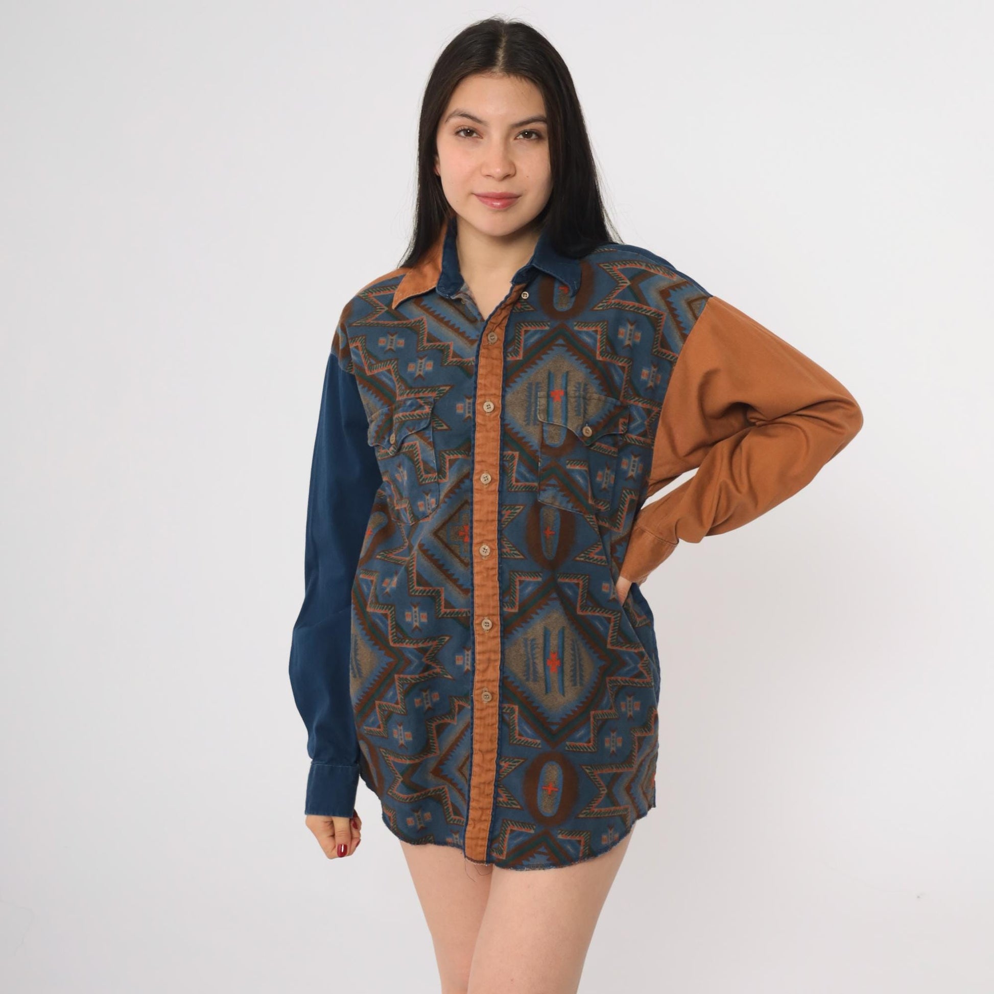 90s Panhandle Slim Western Shirt Aztec Colorblock Snap Button Medium