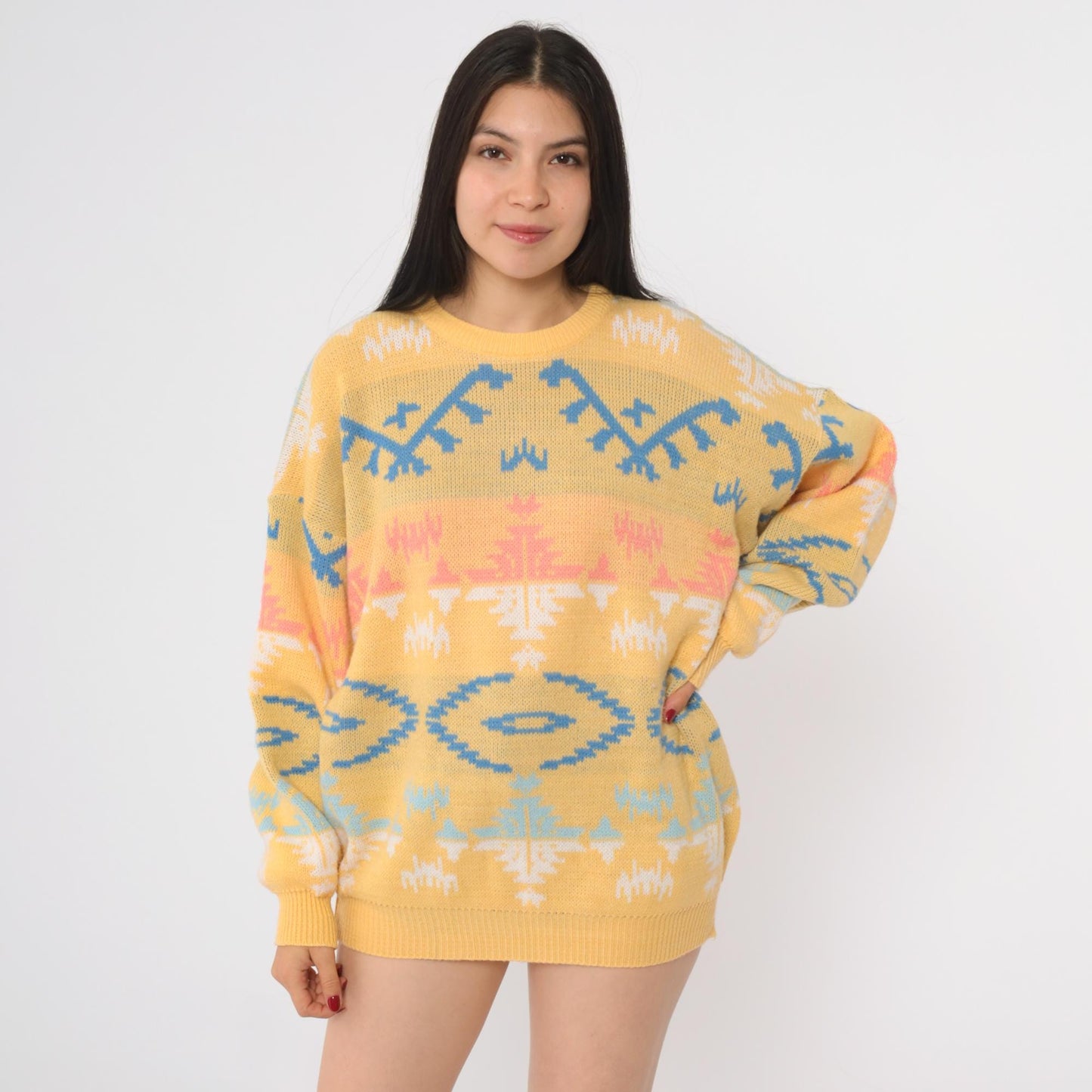90s Joan Harper Geometric Tribal Sweater Yellow Blue Pink Large L