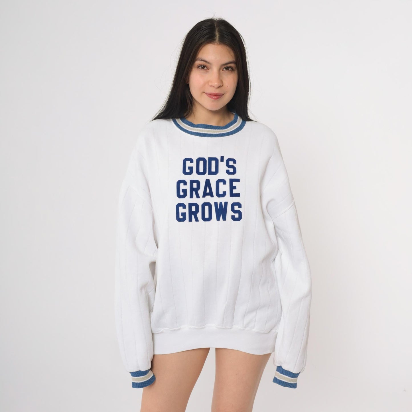 90s Jerzees God's Grace Grows Christian Sweatshirt White Navy Extra Large XL