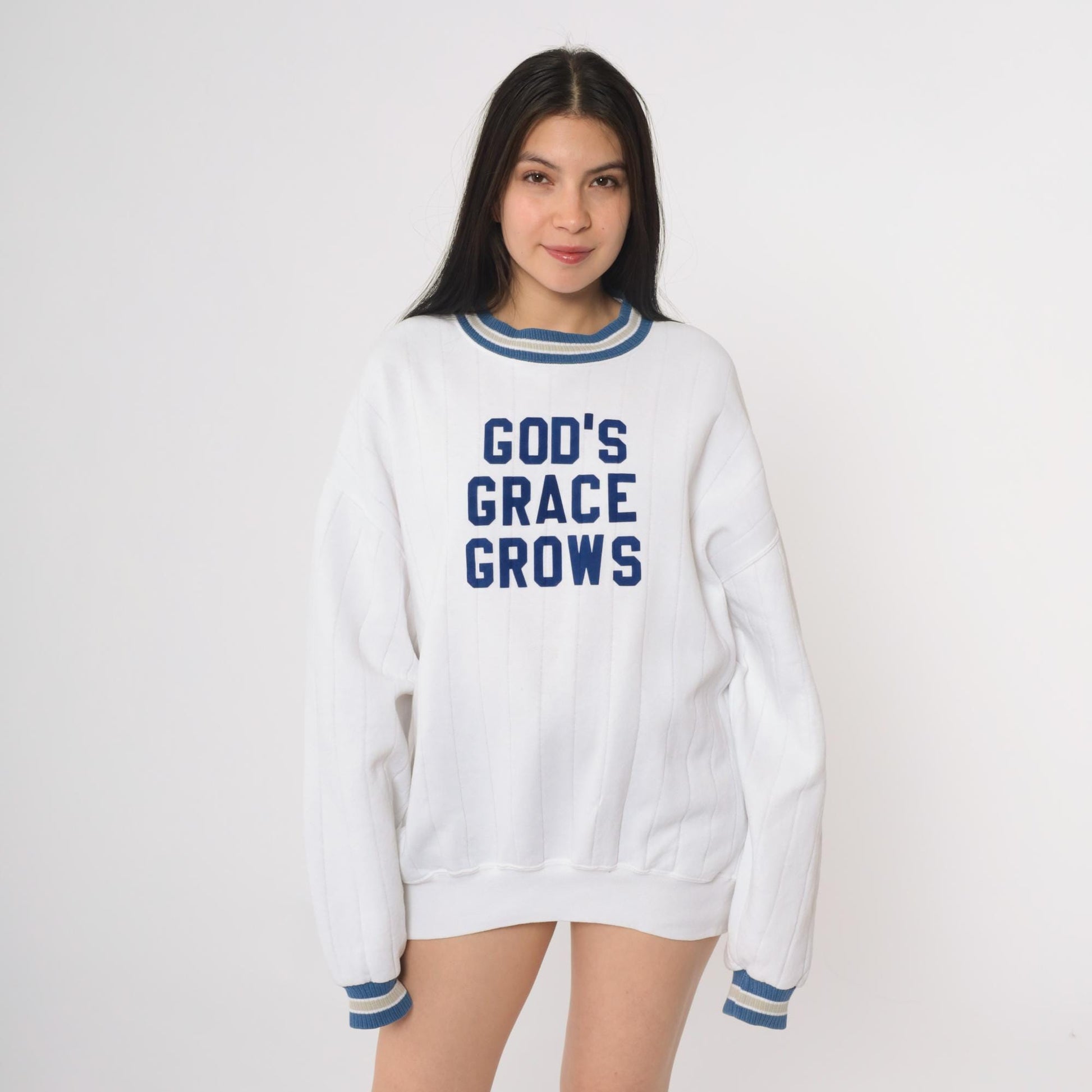 90s Jerzees God's Grace Grows Christian Sweatshirt White Navy Extra Large XL