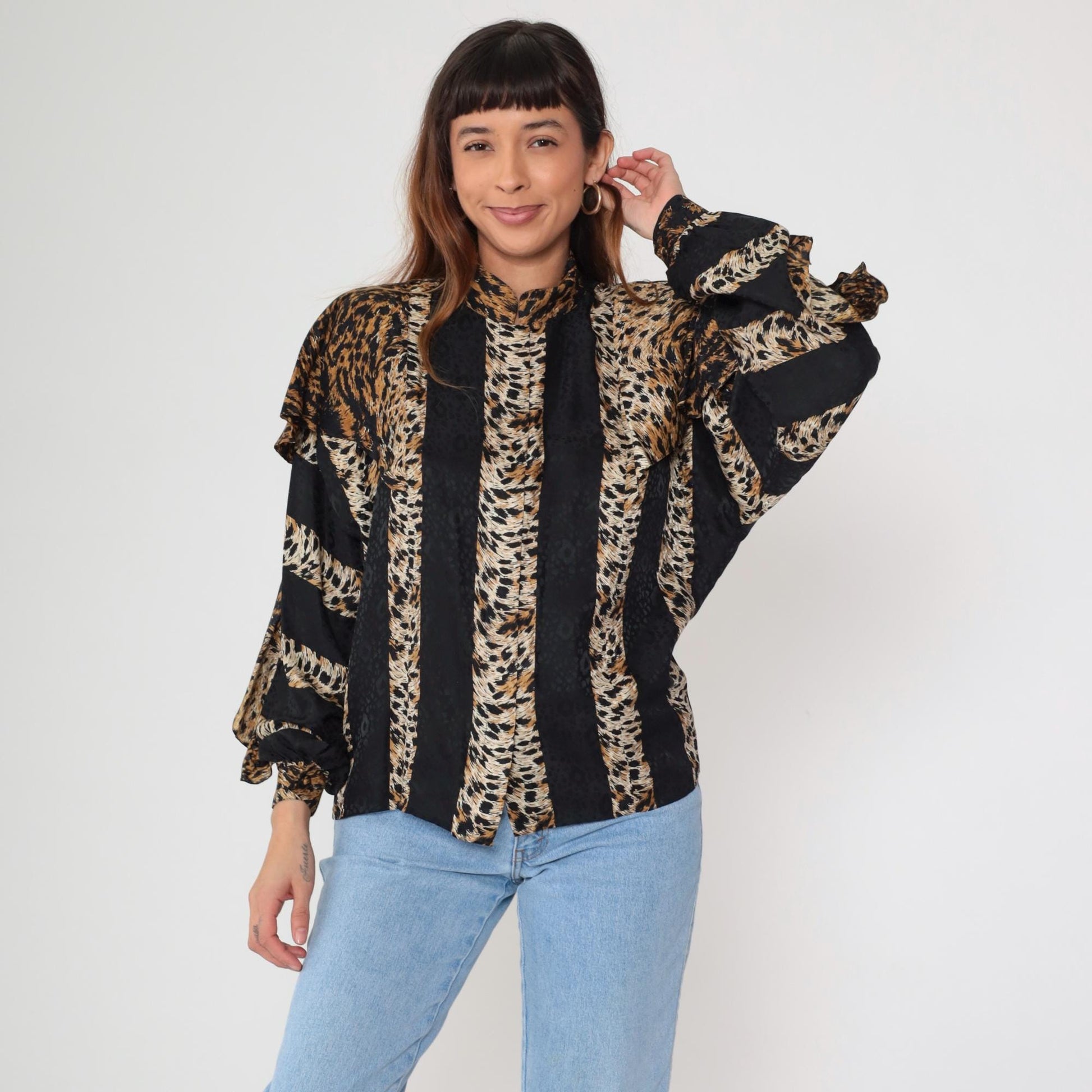 90s Adrianna Papell Silk Blouse Leopard Stripe Ruffle Long Sleeve Medium