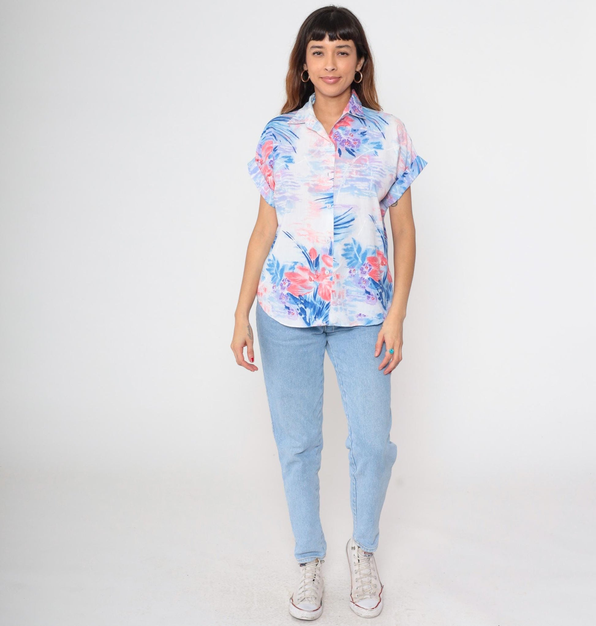 90s Watercolor Floral Button-Up Blouse Short Sleeve Collared Shirt Medium M