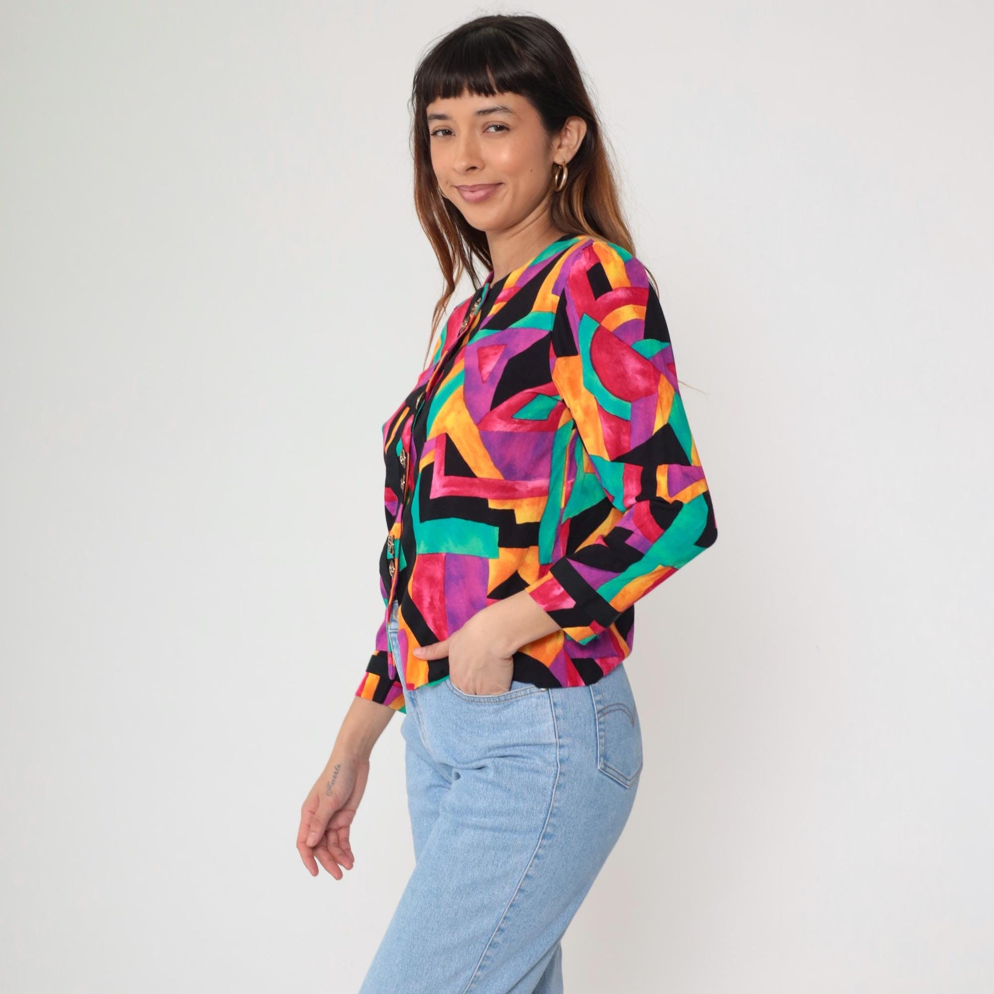 90s Lady Carol Petites Geometric Rayon Blazer Rainbow Abstract Gold Buttons Small