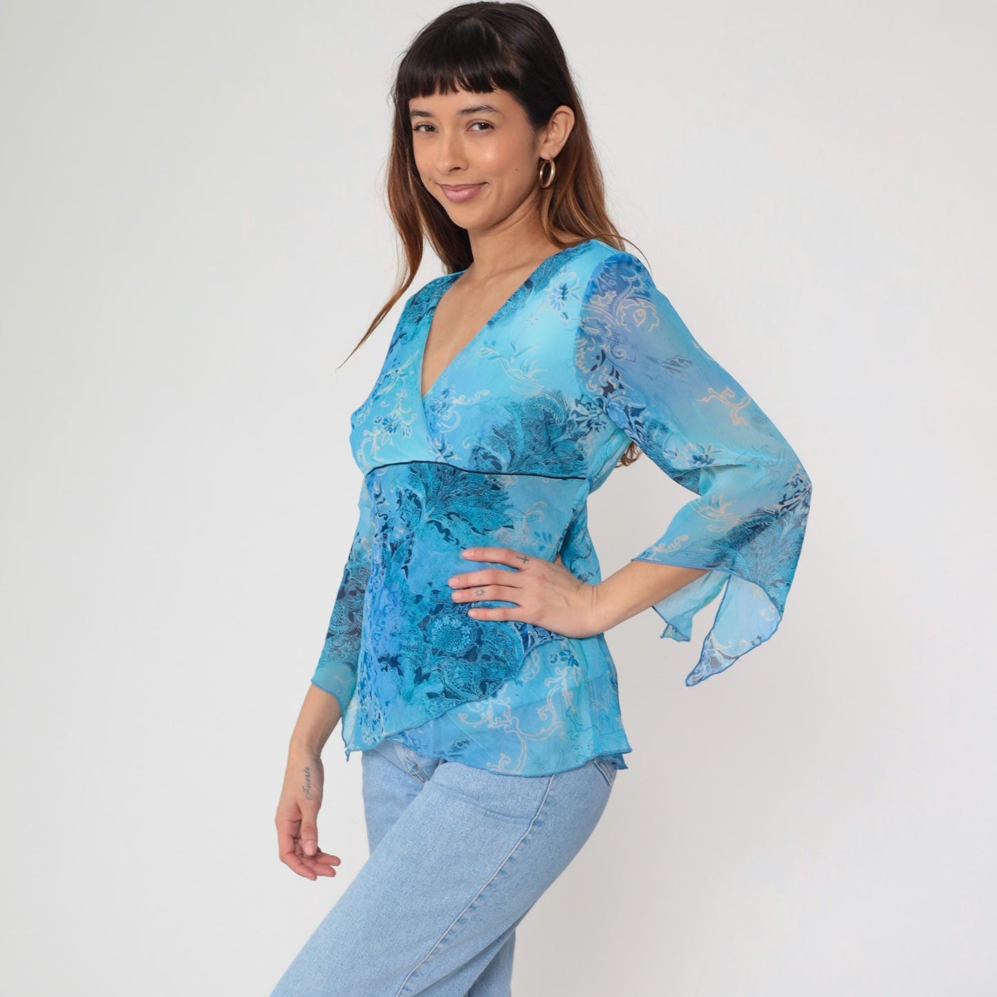 Y2K Dressbarn Wrap Top Blue Paisley Floral V-Neck Three Quarter Sleeve Large L