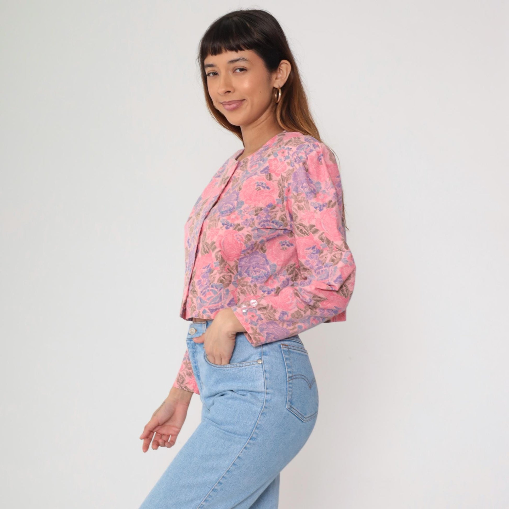 90s Alison J Floral Cropped Blouse Pink Purple Rose Puff Sleeve Medium