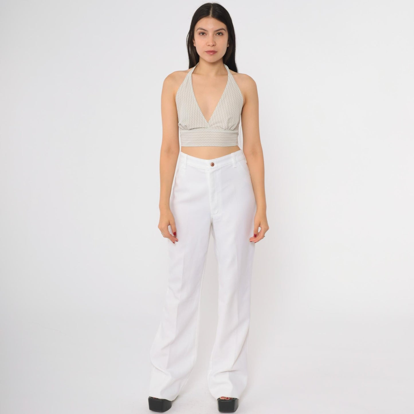 70s White High Waisted Wide Leg Flared Trousers Cotton Blend Medium M