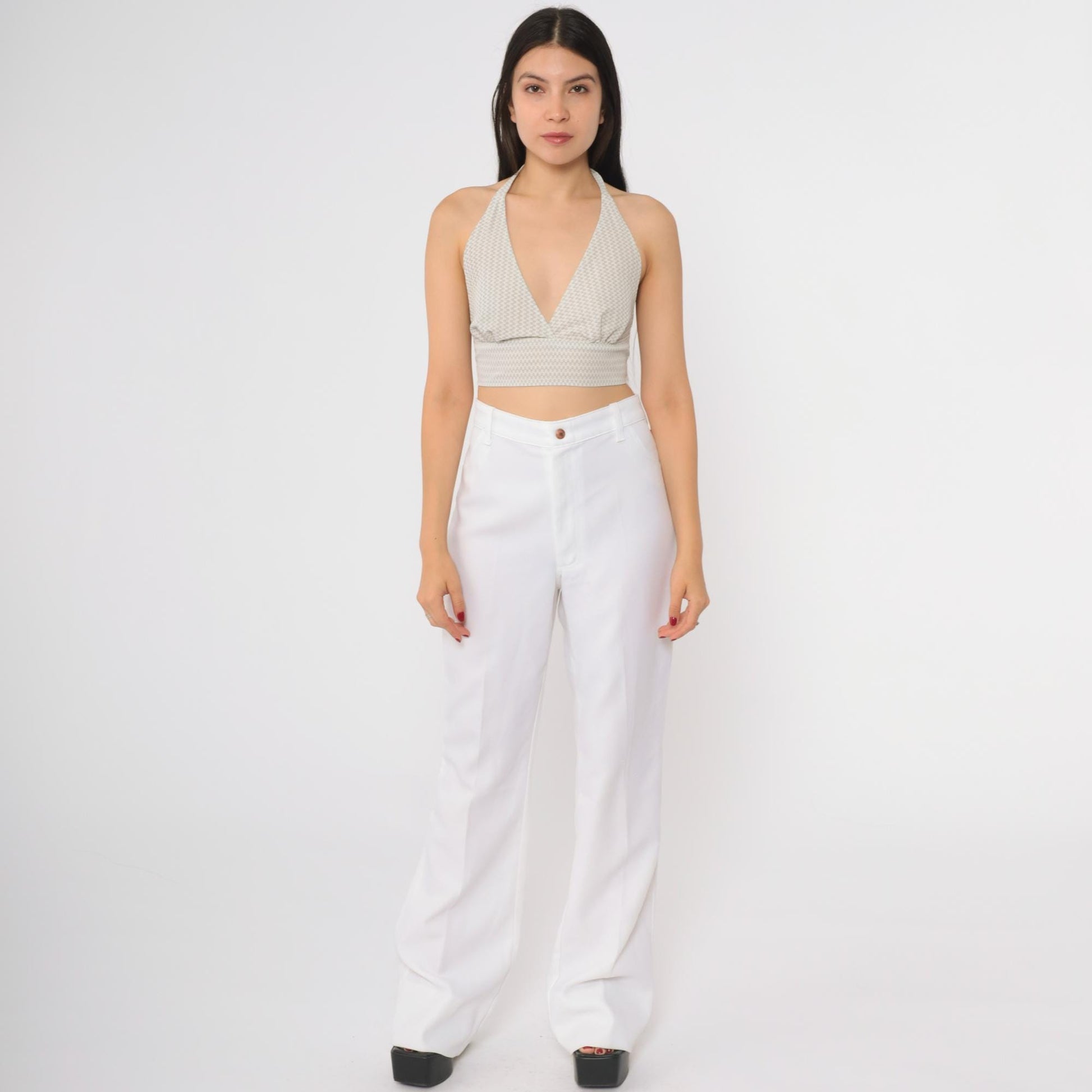 70s White High Waisted Wide Leg Flared Trousers Cotton Blend Medium M