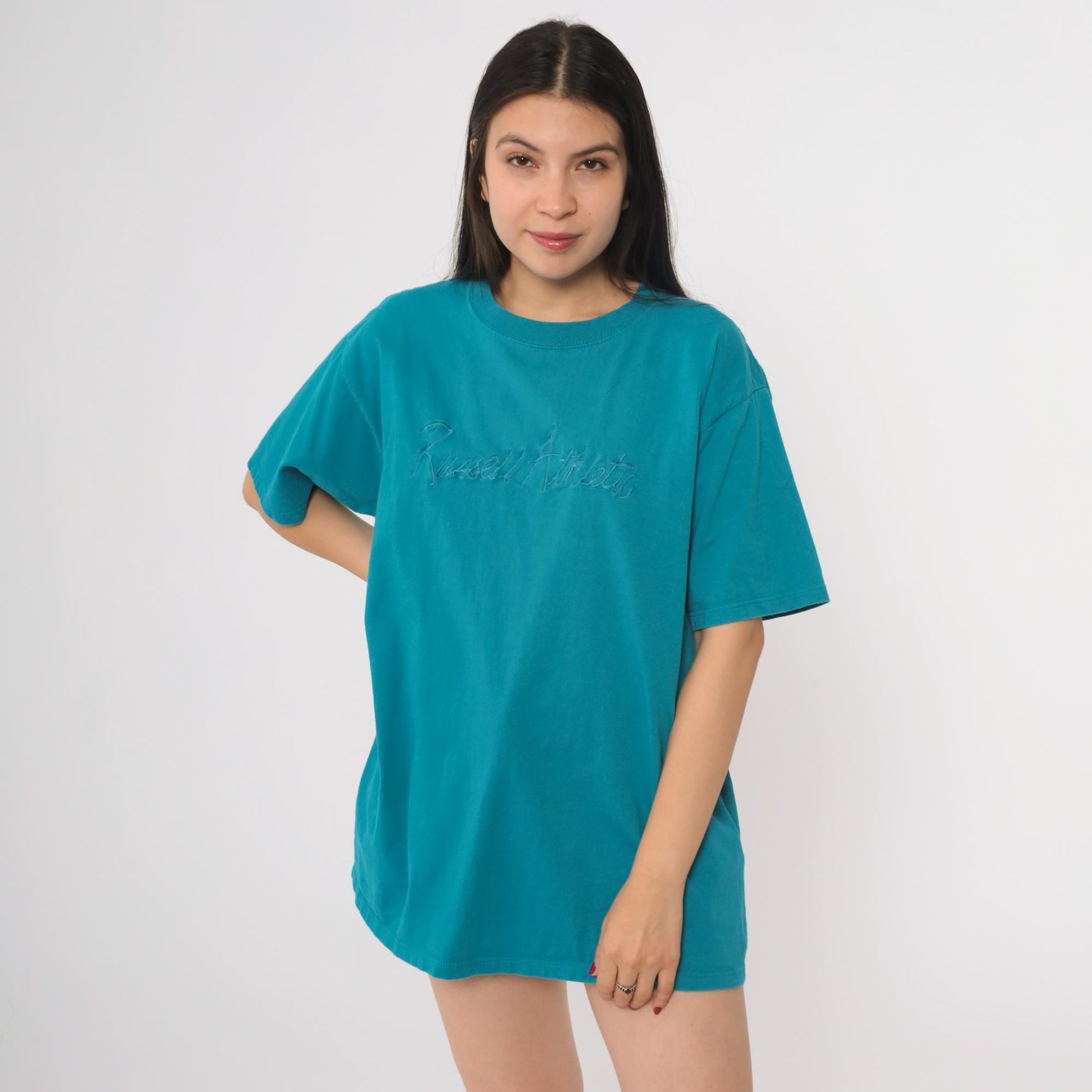 90s Russell Athletic Teal Embroidered Logo T-Shirt Cotton Crew Neck Large L