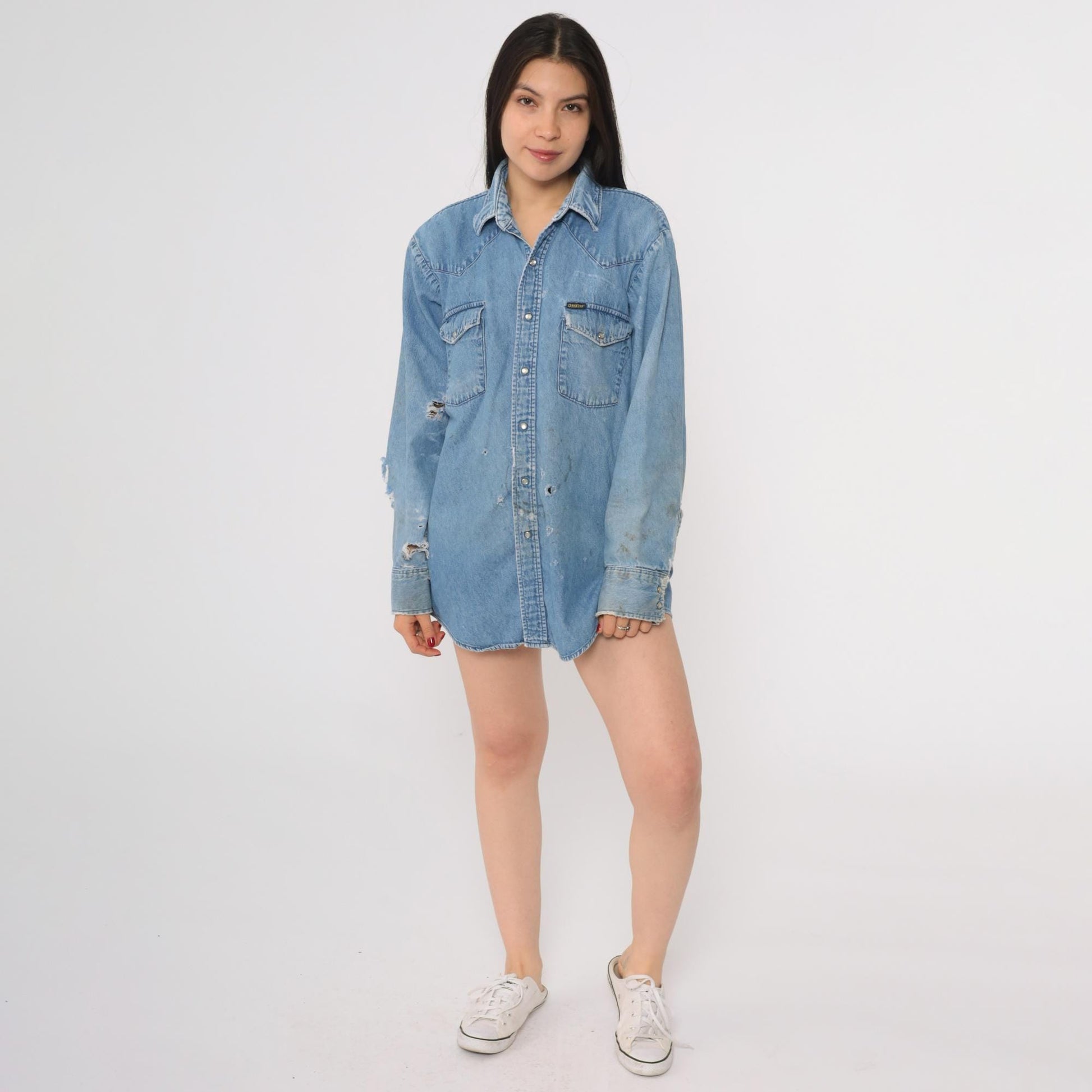 90s Osh Kosh B'Gosh Denim Shirt Distressed Ripped Frayed Blue Medium
