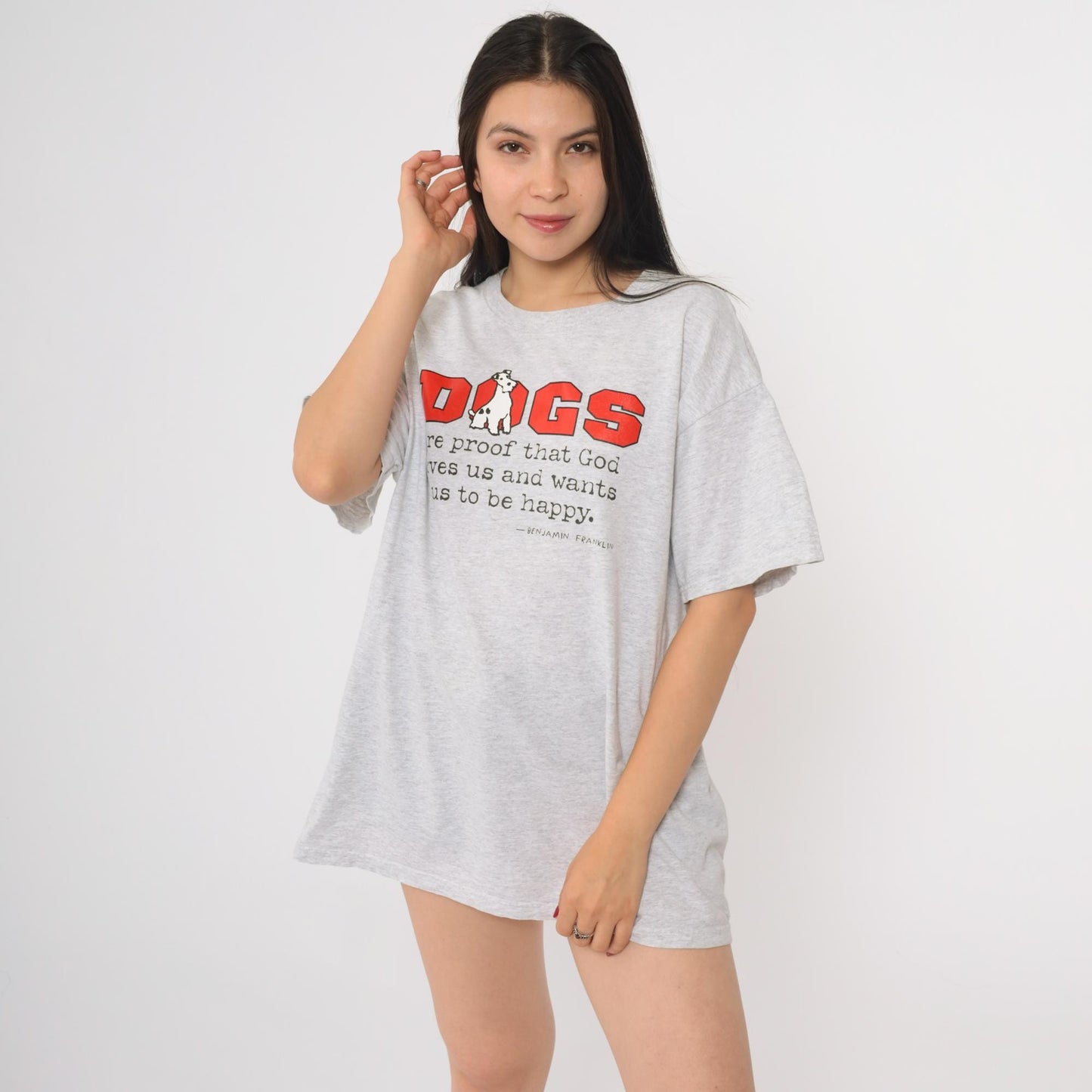 90s Fruit of the Loom Dog Graphic T-Shirt Benjamin Franklin Quote Grey Large