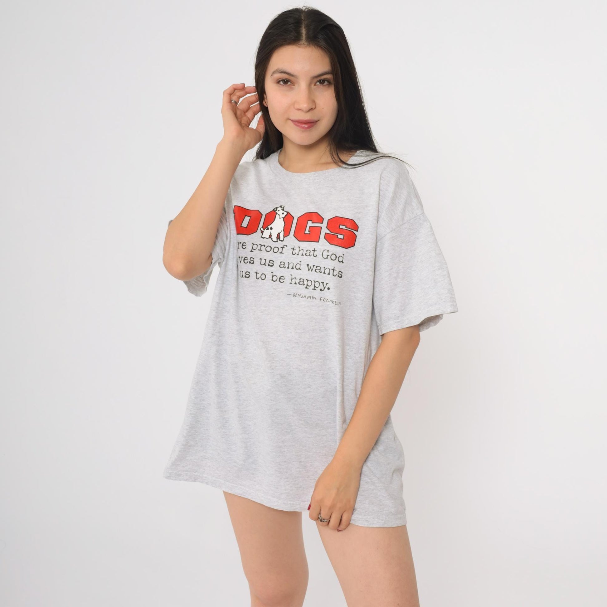 90s Fruit of the Loom Dog Graphic T-Shirt Benjamin Franklin Quote Grey Large