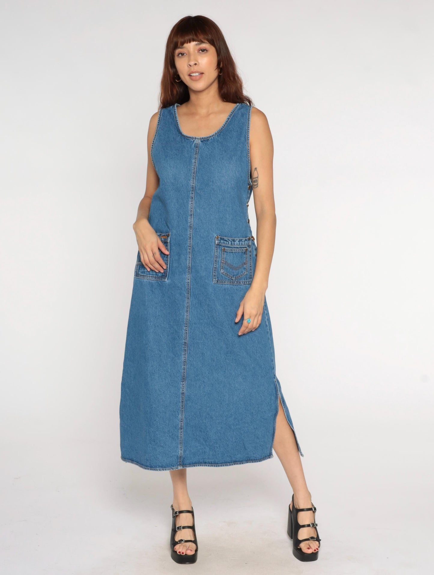 90s Agapo Denim Jumper Dress Blue Cotton Ankle Length Sleeveless Medium M