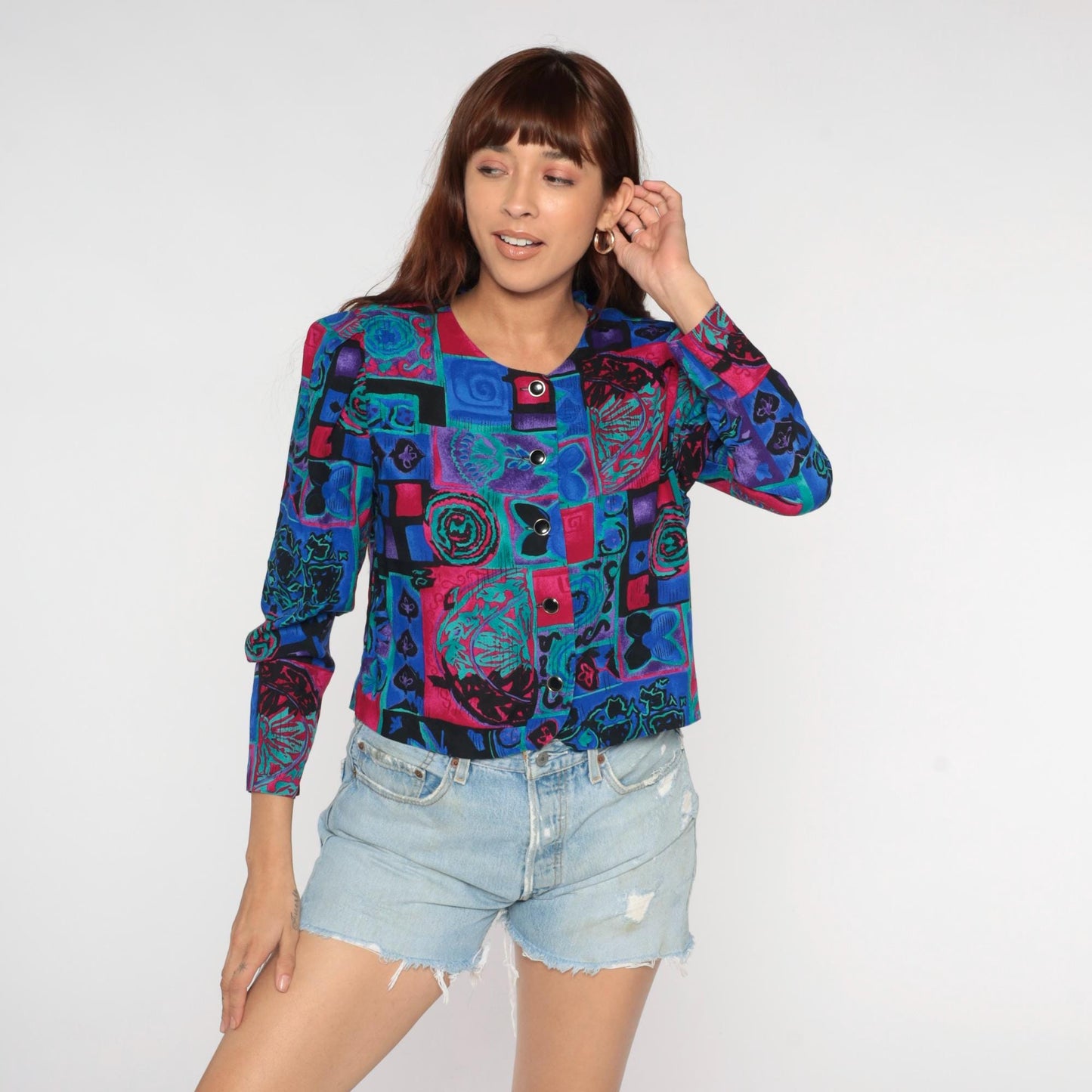 90s Patchwork Button Blouse Abstract Geometric Print Cropped Long Sleeve Medium