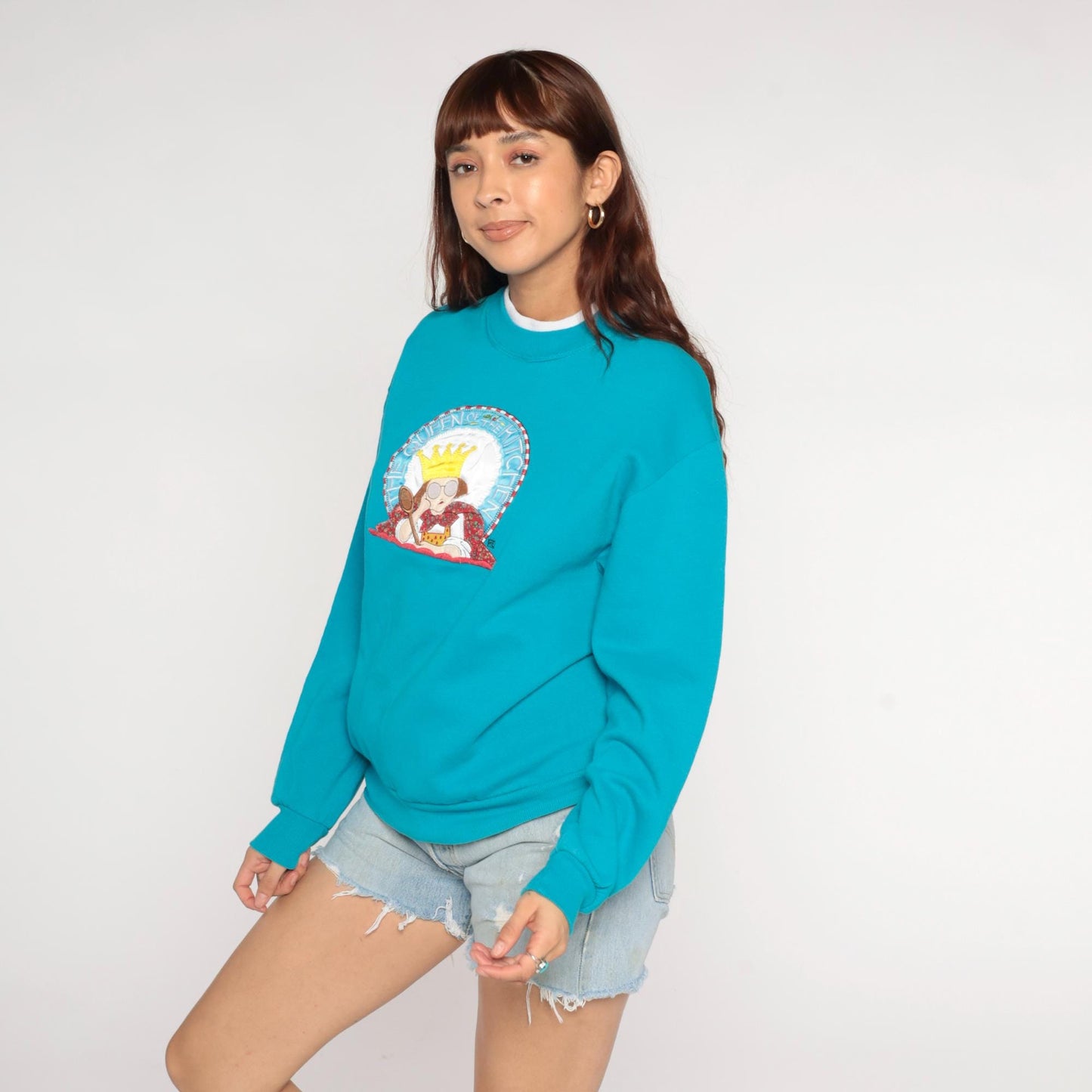 90s Mary Engelbreit Queen of the Kitchen Sweatshirt Teal Granny Collar Medium M