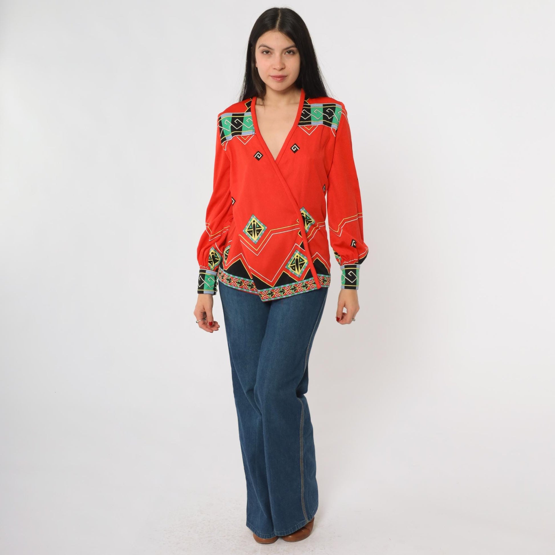 60s Paganne Gene Berk Red Wrap Blouse Geometric Tribal Print V-Neck