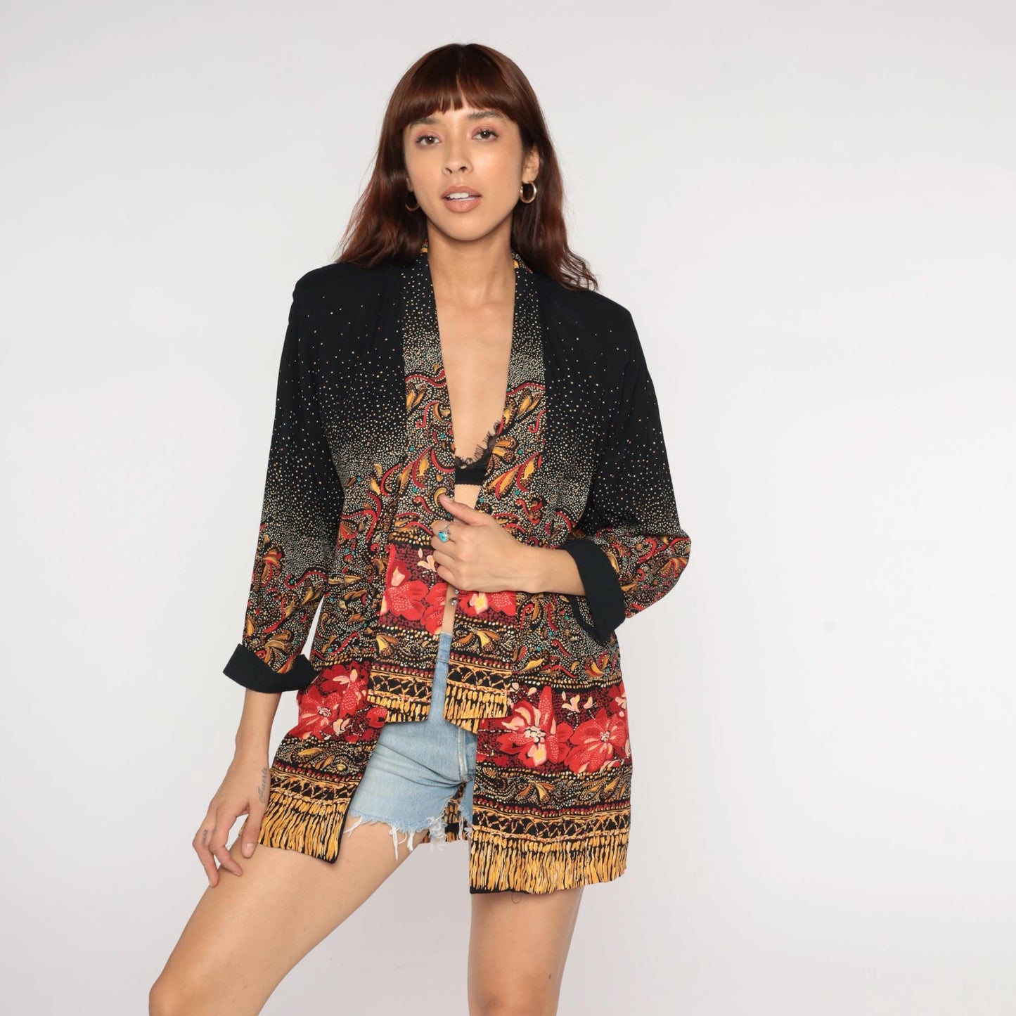 90s Paisley Kimono Cardigan Black Red Gold Floral Open Front Medium M