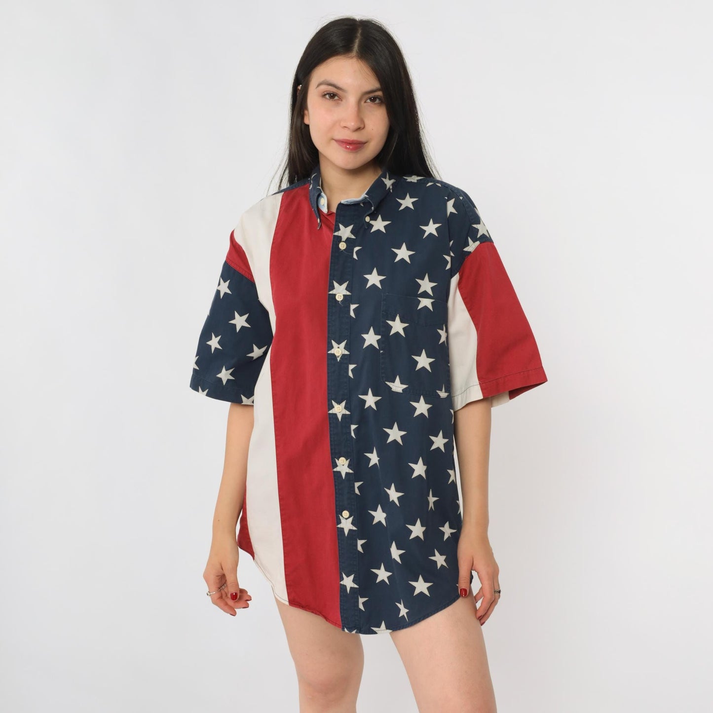 Y2K Chaps Ralph Lauren American Flag Button Up Shirt Cotton Medium M