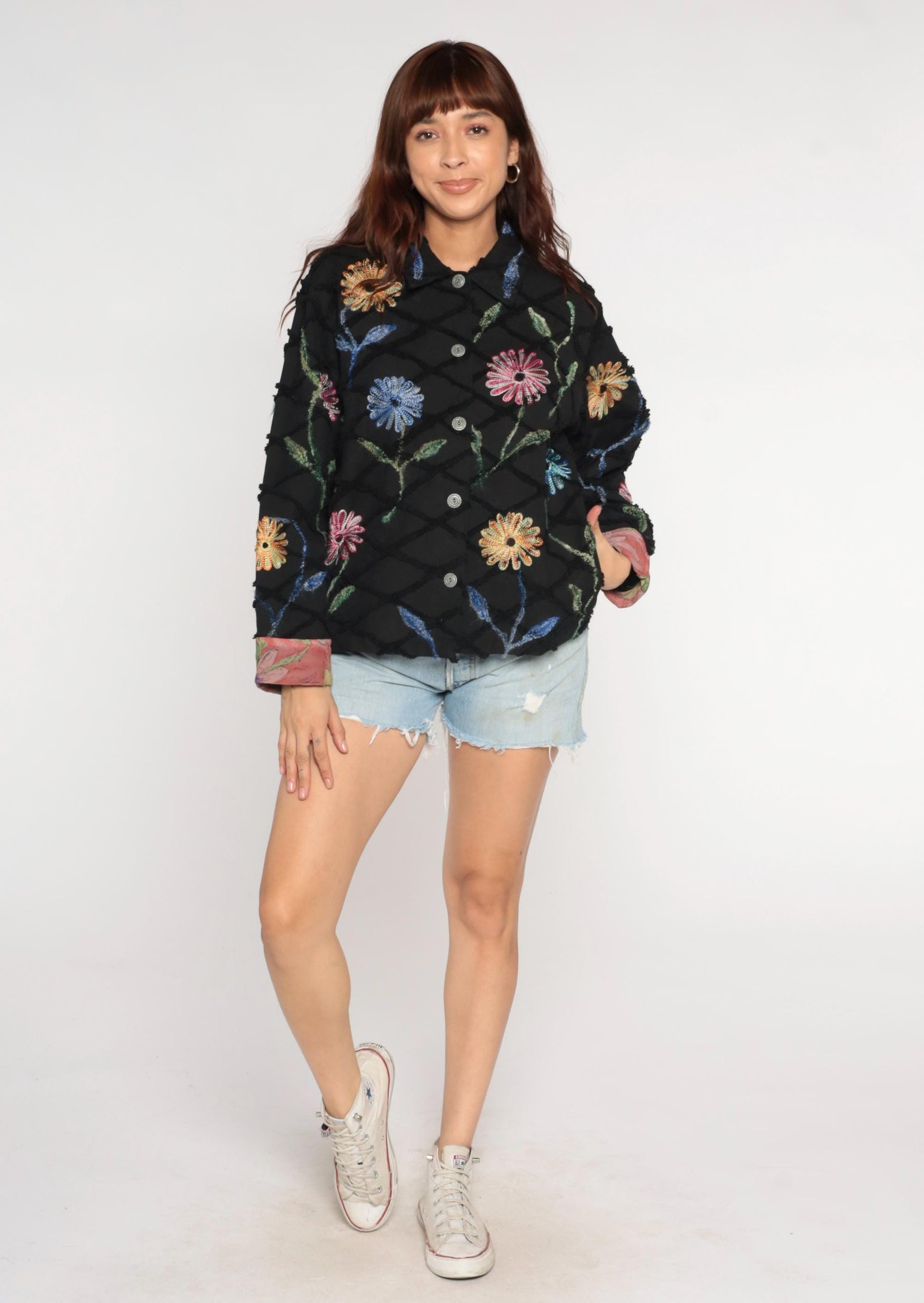 Y2K Black Quilted Cotton Jacket Embroidered Floral Chain Stitch Medium M