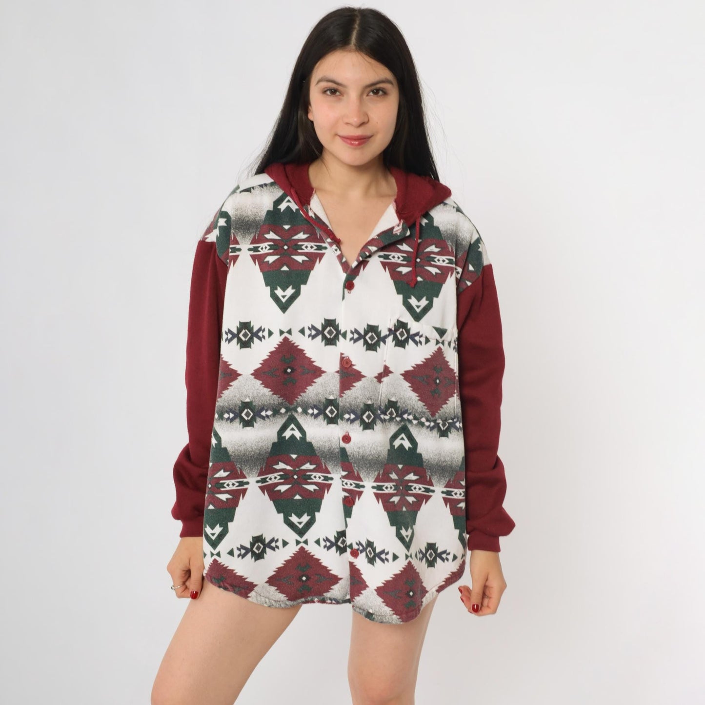 90s Mo Mart Tribal Geometric Burgundy Hoodie Sweatshirt Medium M