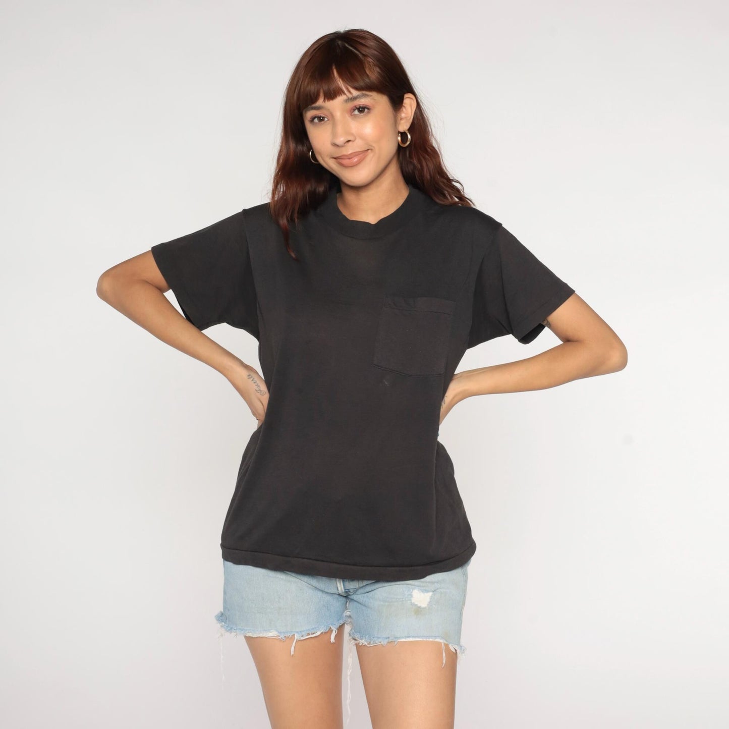 90s Black Pocket T-Shirt Cotton Blend Crewneck Small Medium