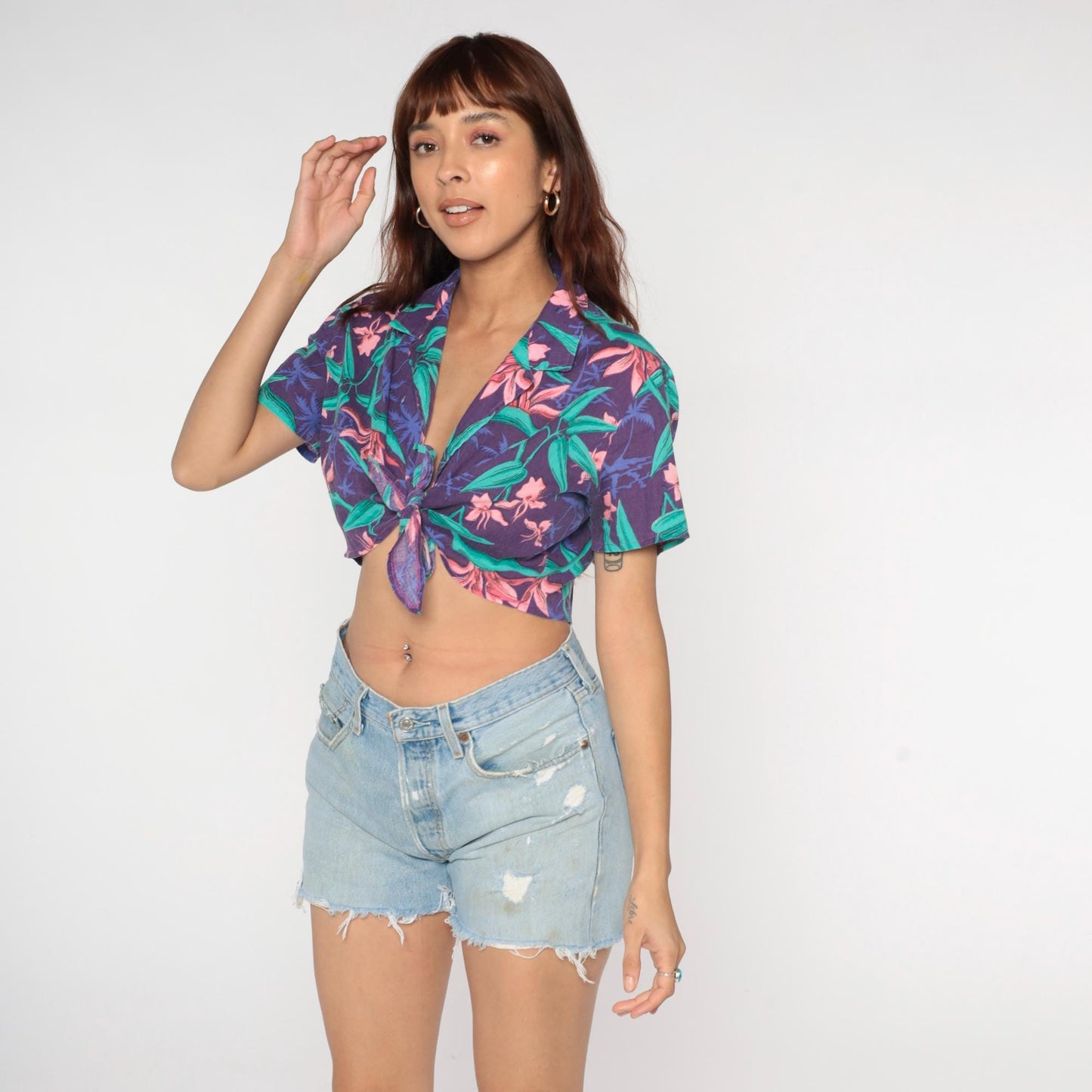90s Tropical Floral Crop Top Hawaiian Print Tie Front Purple Small