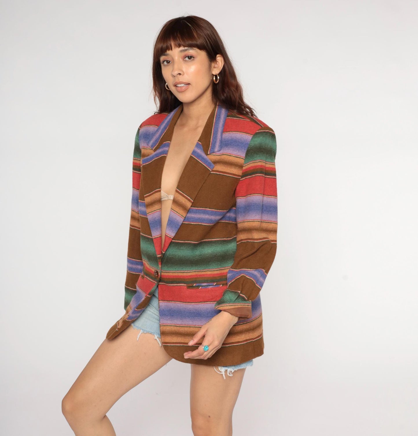 90s Southwestern Stripe Blazer Brown Blue Red Green Single Button Medium