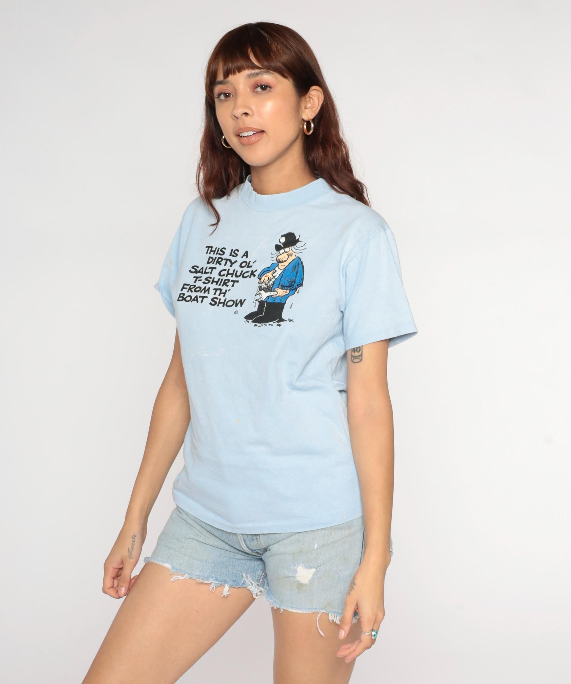 90s Dirty Ol' Salt Chuck Boat Show T-Shirt Light Blue Sailor Graphic Medium