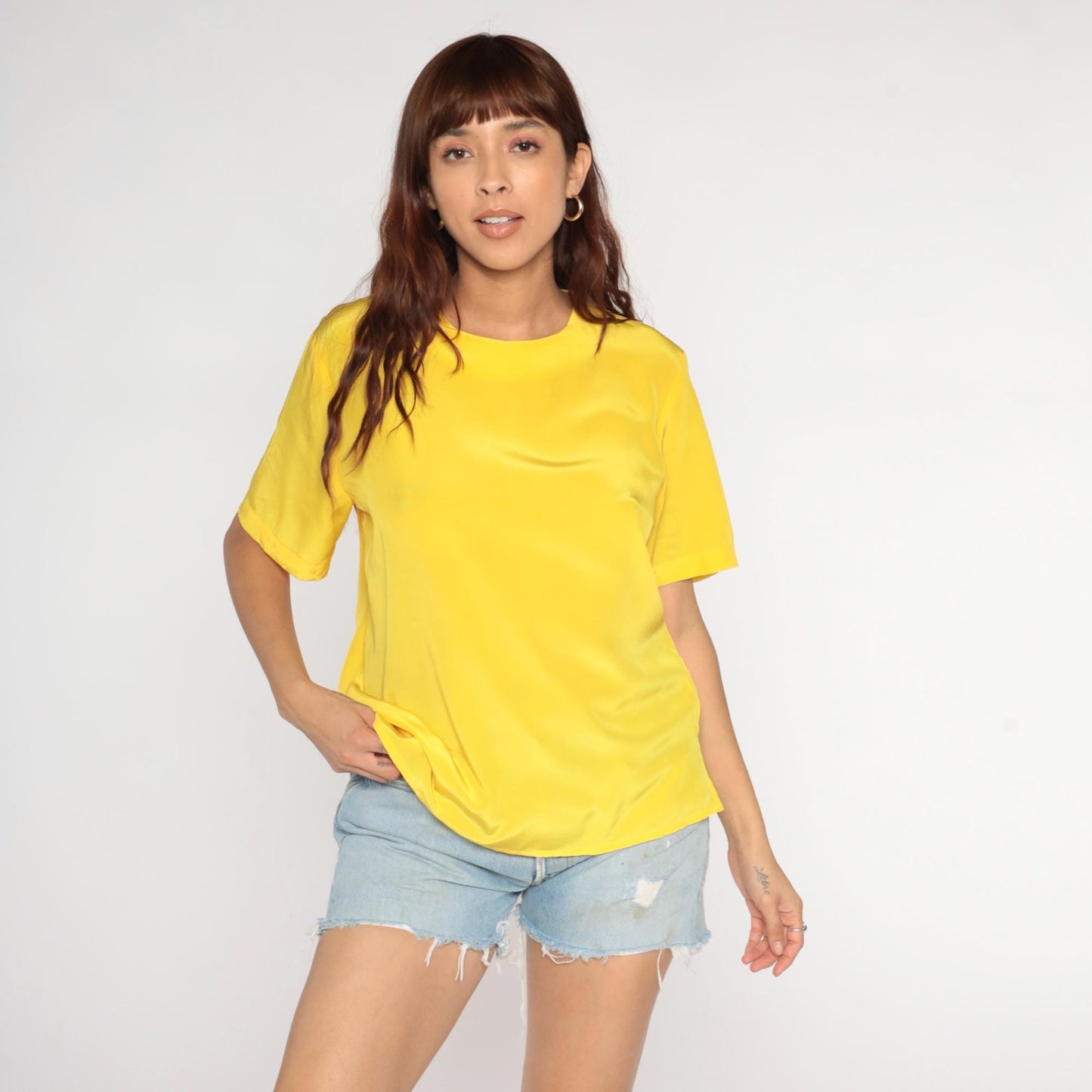 80s Yellow Short Sleeve Blouse Keyhole Back Button Medium