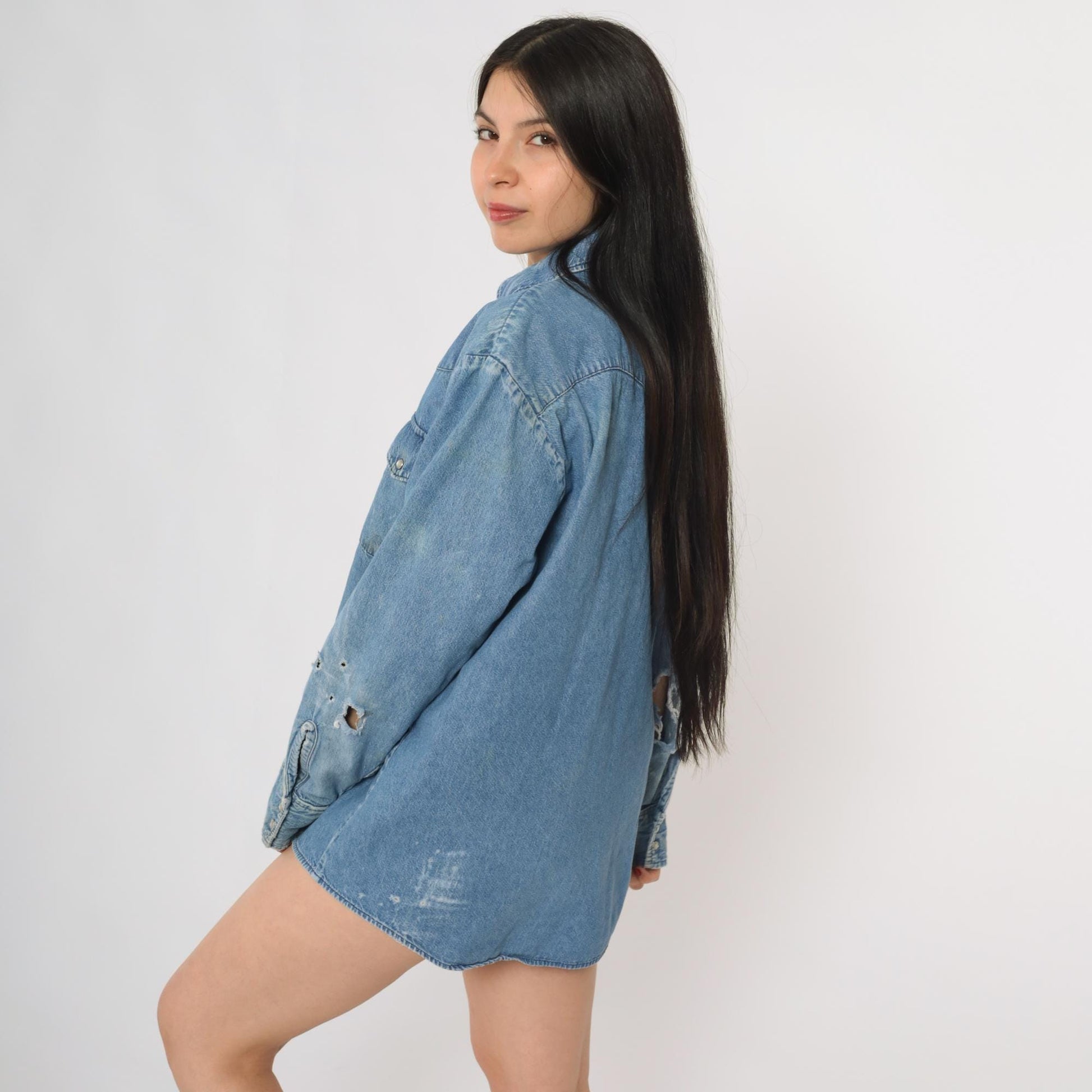 90s Osh Kosh Light Blue Denim Shirt Snap Button Western Medium