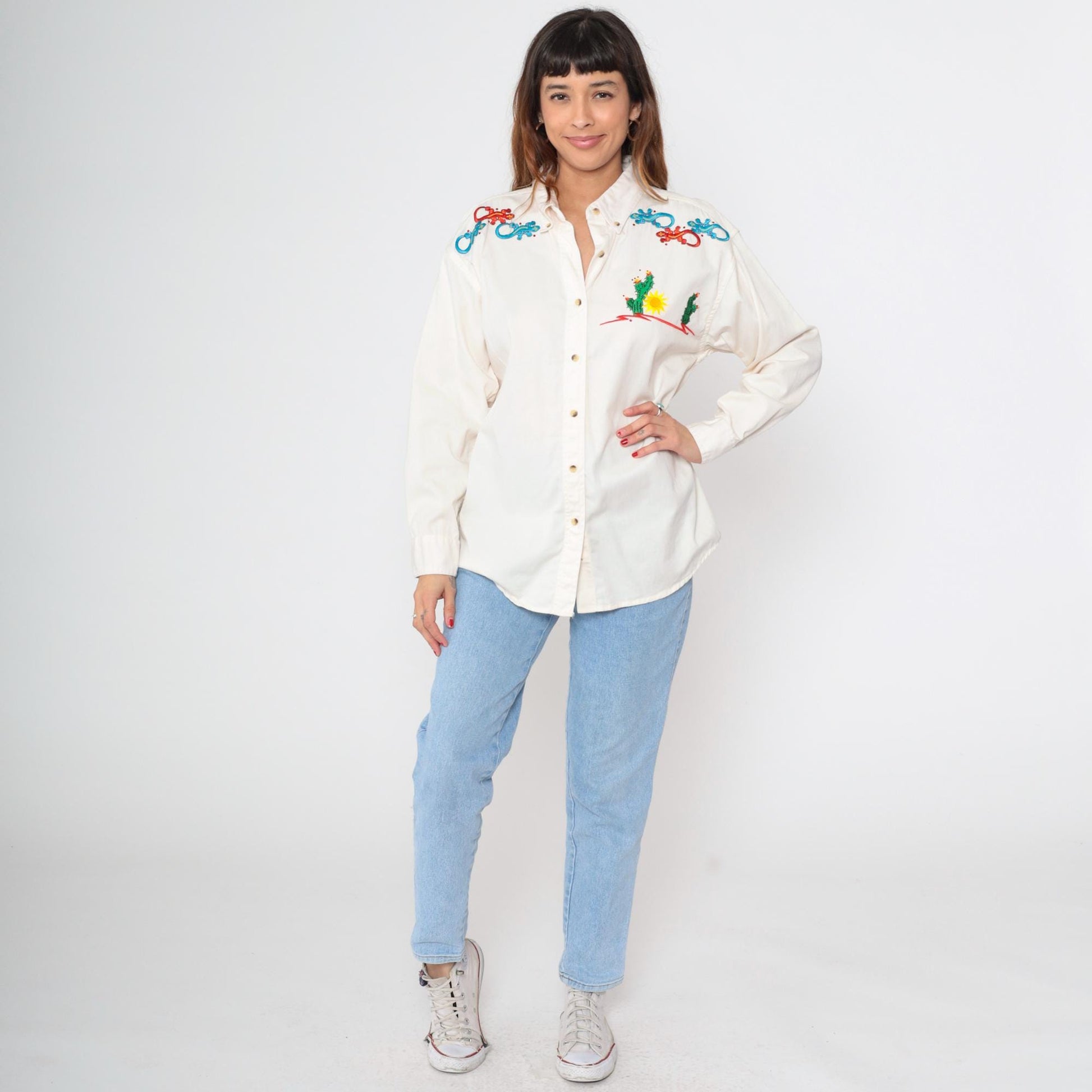 90s Pro Elite Cactus Gecko Embroidered Western Shirt White Cotton Large L