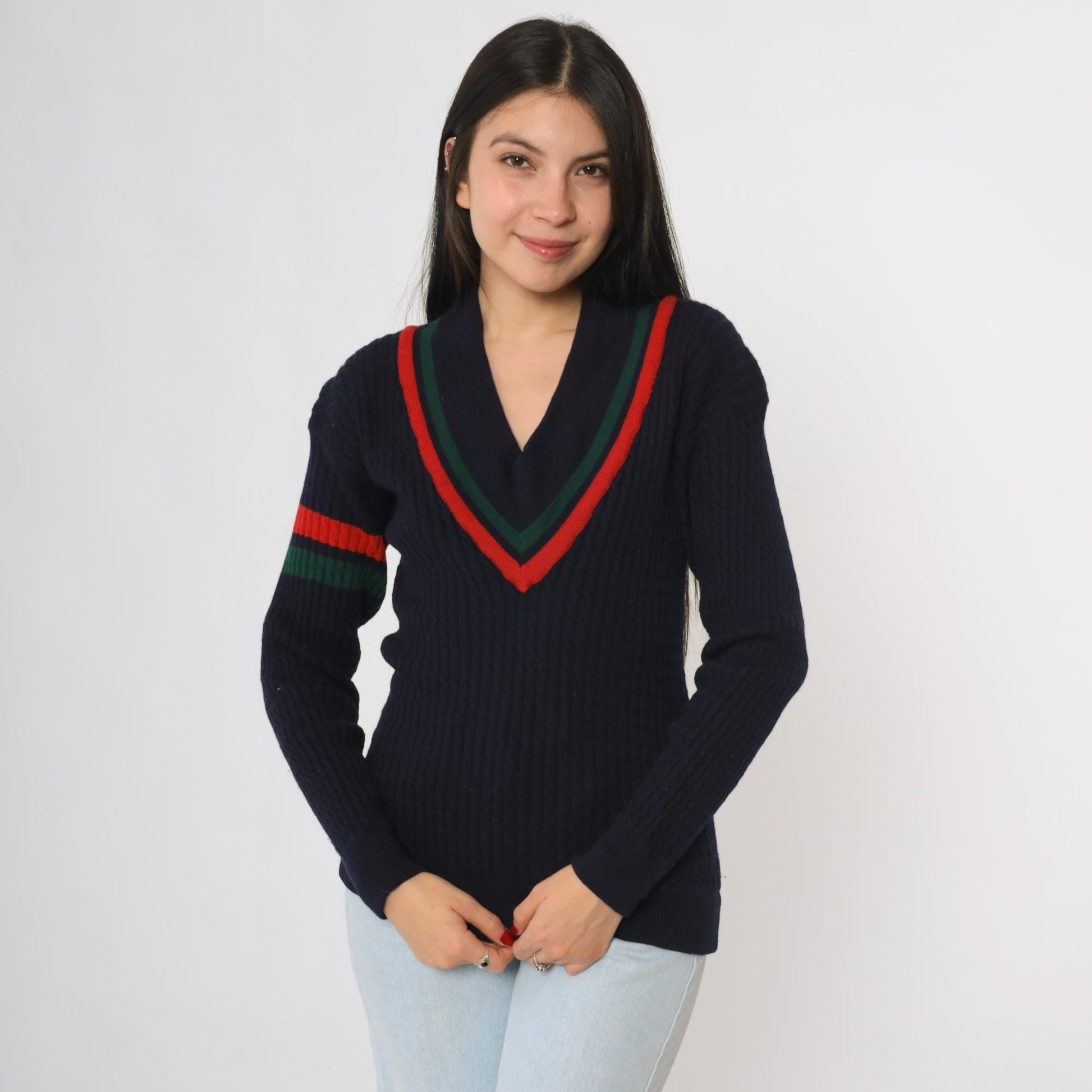 80s Abercrombie & Fitch Cricket Sweater Navy Wool V-Neck Striped Small