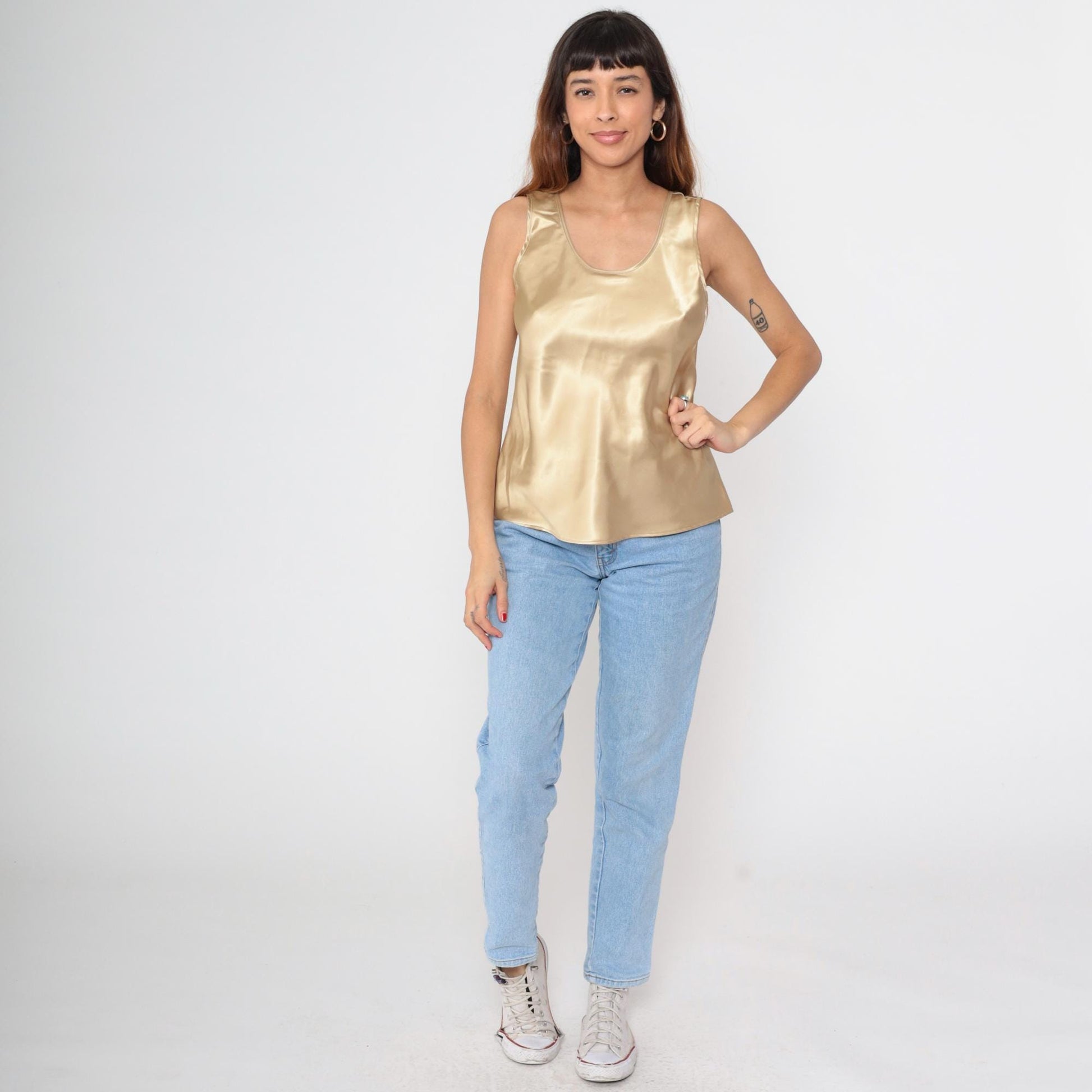 90s Gold Satin Cami Tank Top Sleeveless Blouse Large L