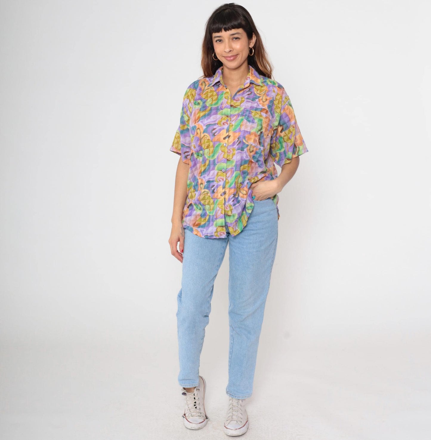 90s Rolls Abstract Psychedelic Swirl Button-Down Shirt Purple Green Extra Large XXL
