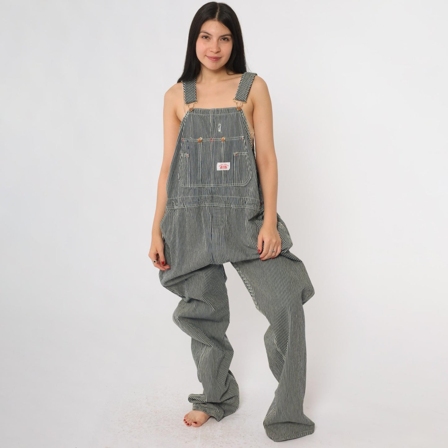 Y2K Roundhouse Railroad Stripe Denim Overalls Blue White Cotton XL