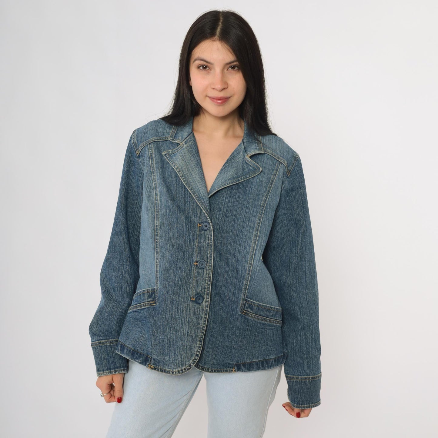 Y2K St Johns Bay Denim Blazer Blue Button Front Tailored Jacket Large L