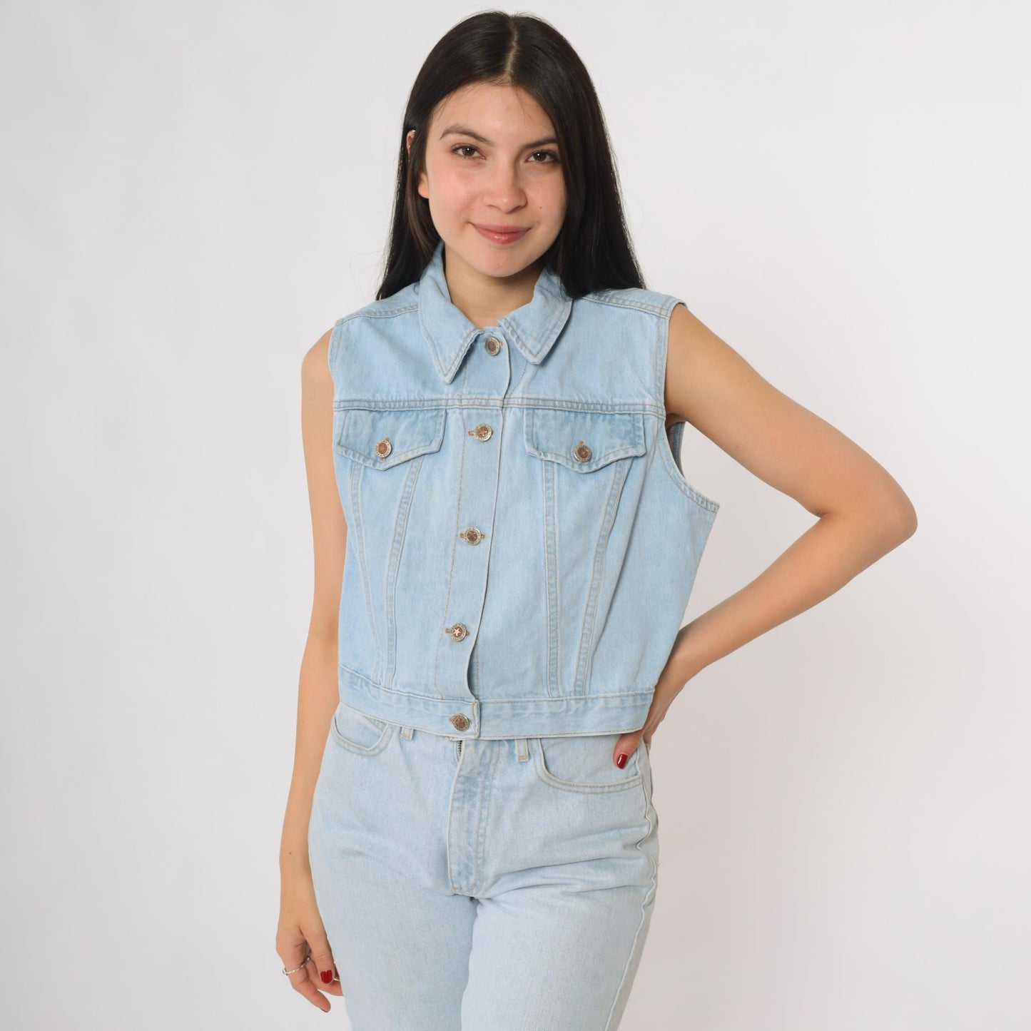 90s Faded Glory Light Wash Denim Vest Button Front Pointed Collar Large L