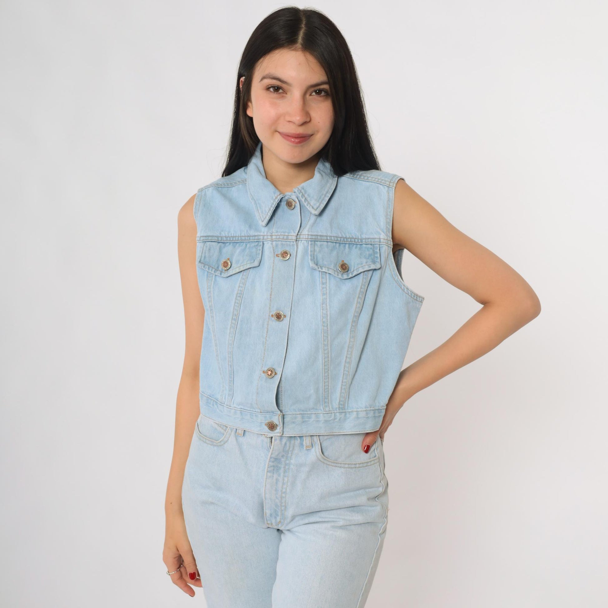 90s Faded Glory Light Wash Denim Vest Button Front Pointed Collar Large L