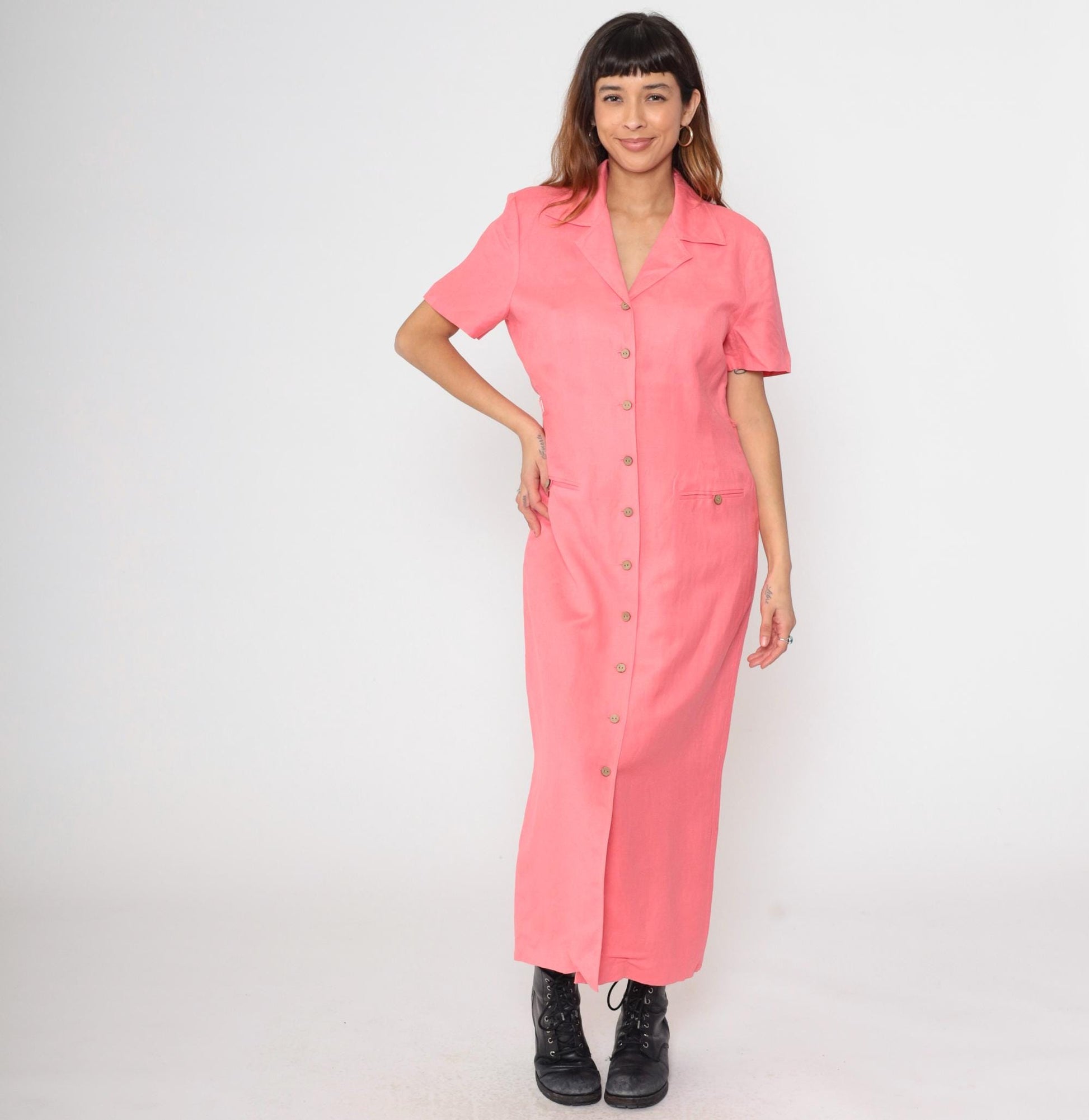 Y2K Coral Pink Linen Shirt Dress Dress Barn Button Front Maxi Large L