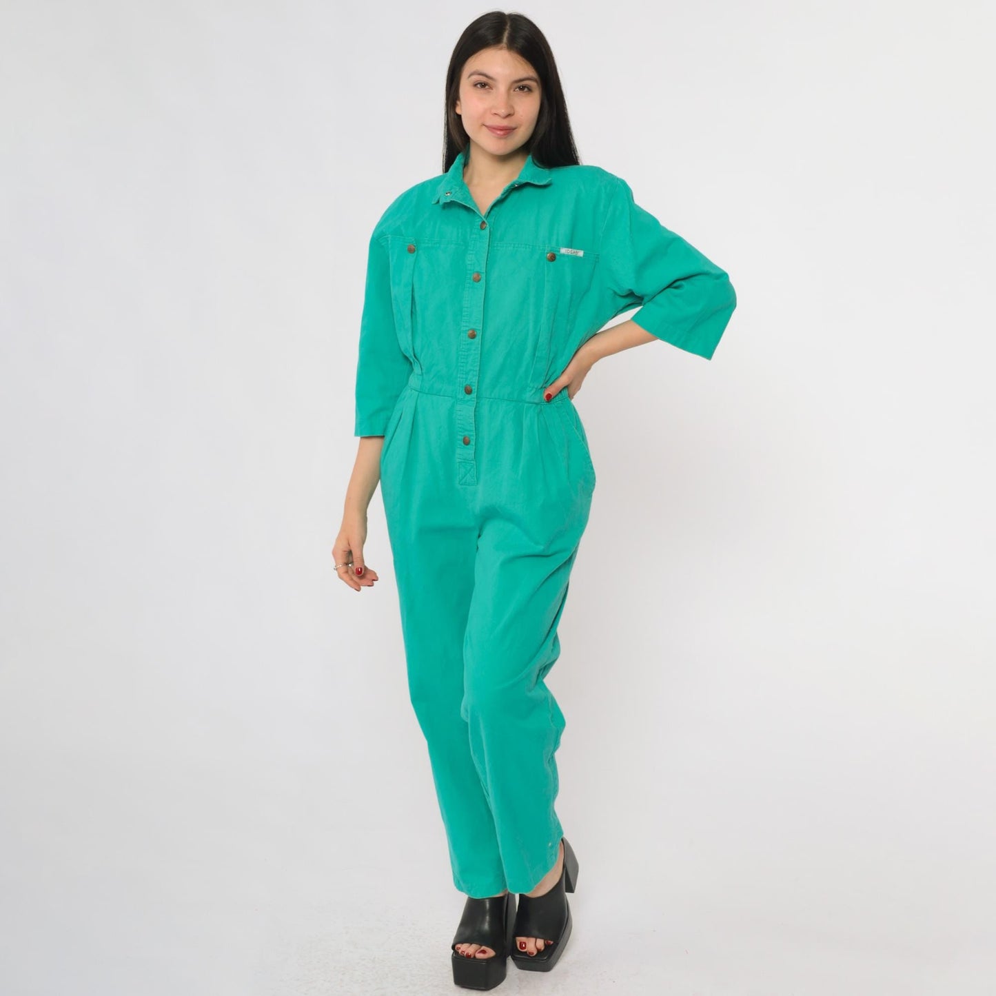 80s Ideas Turquoise Jumpsuit Button-Up Cotton Workwear Medium M