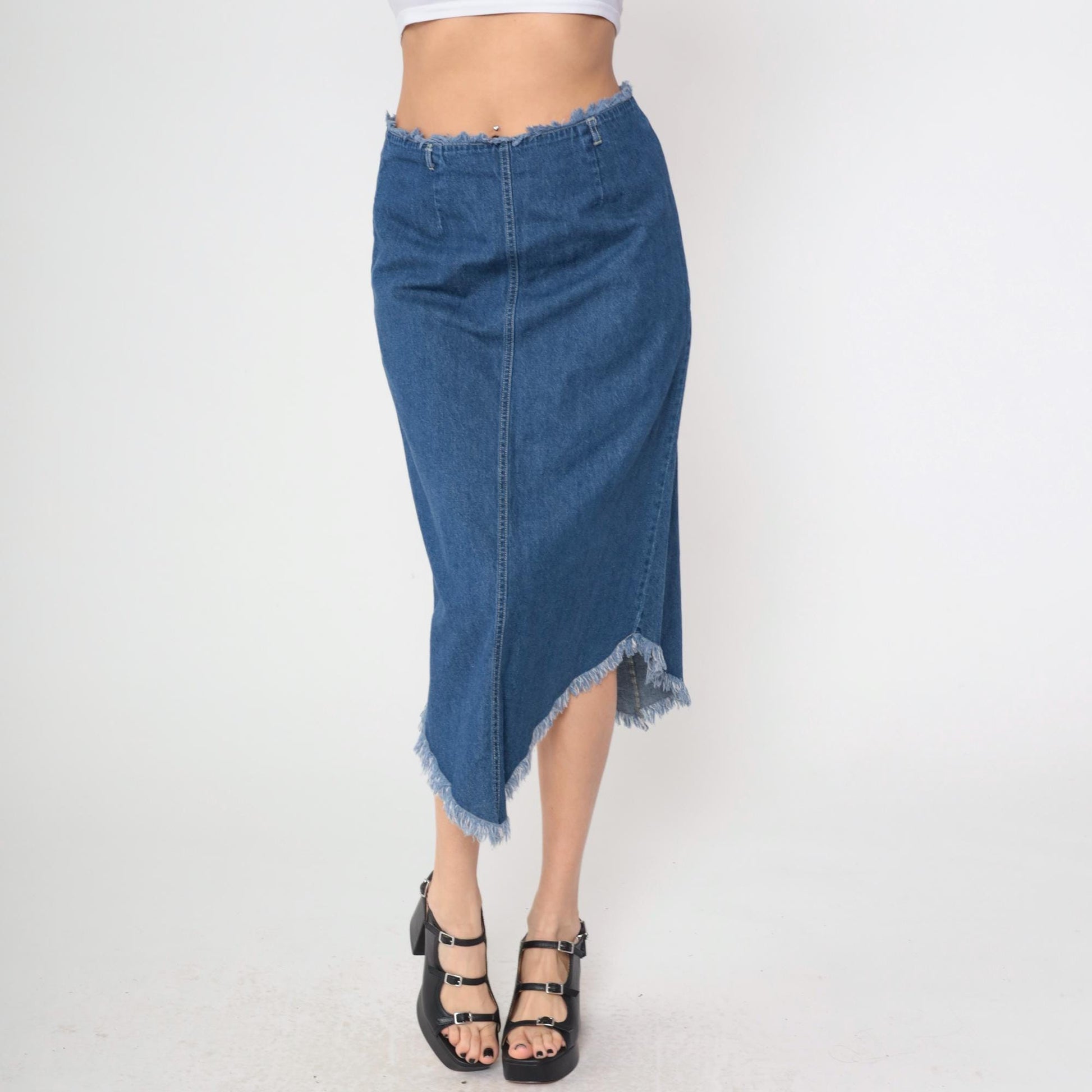90s Blue Denim Midi Skirt Asymmetrical Frayed Hem Y2K Medium