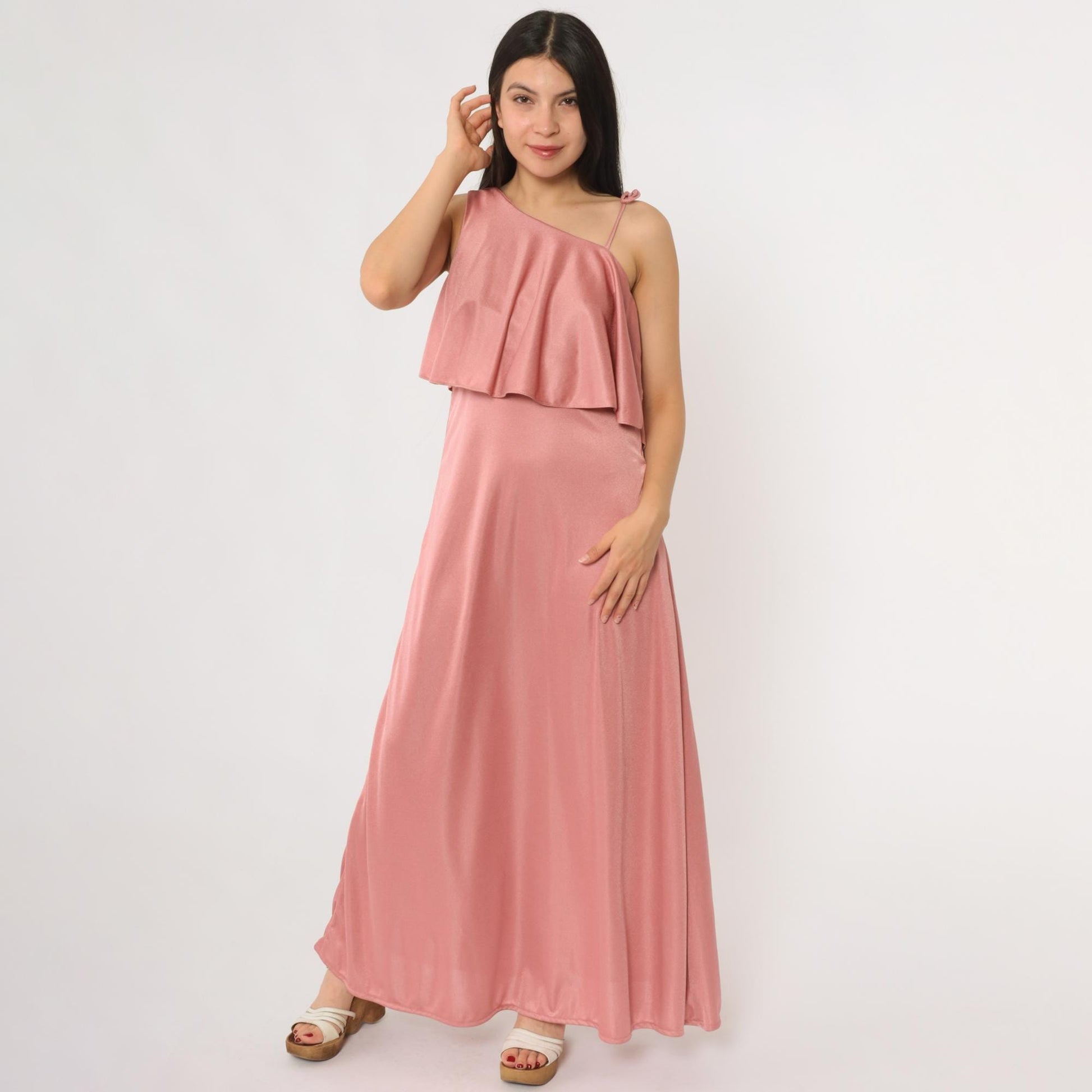 70s Zum Zum Dusty Rose Maxi Dress Ruffle Tie Shoulder Sleeveless Extra Small
